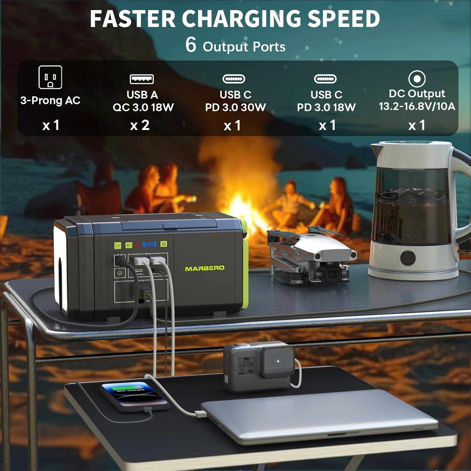 MARBERO 118Wh Portable Power Station with Telescopic Camping Lights for Camping Hiking 32000mAh 160W Max Power Bank with AC Outlet USB DC Output Solar Generator with Telecoping Camping Light Emergency