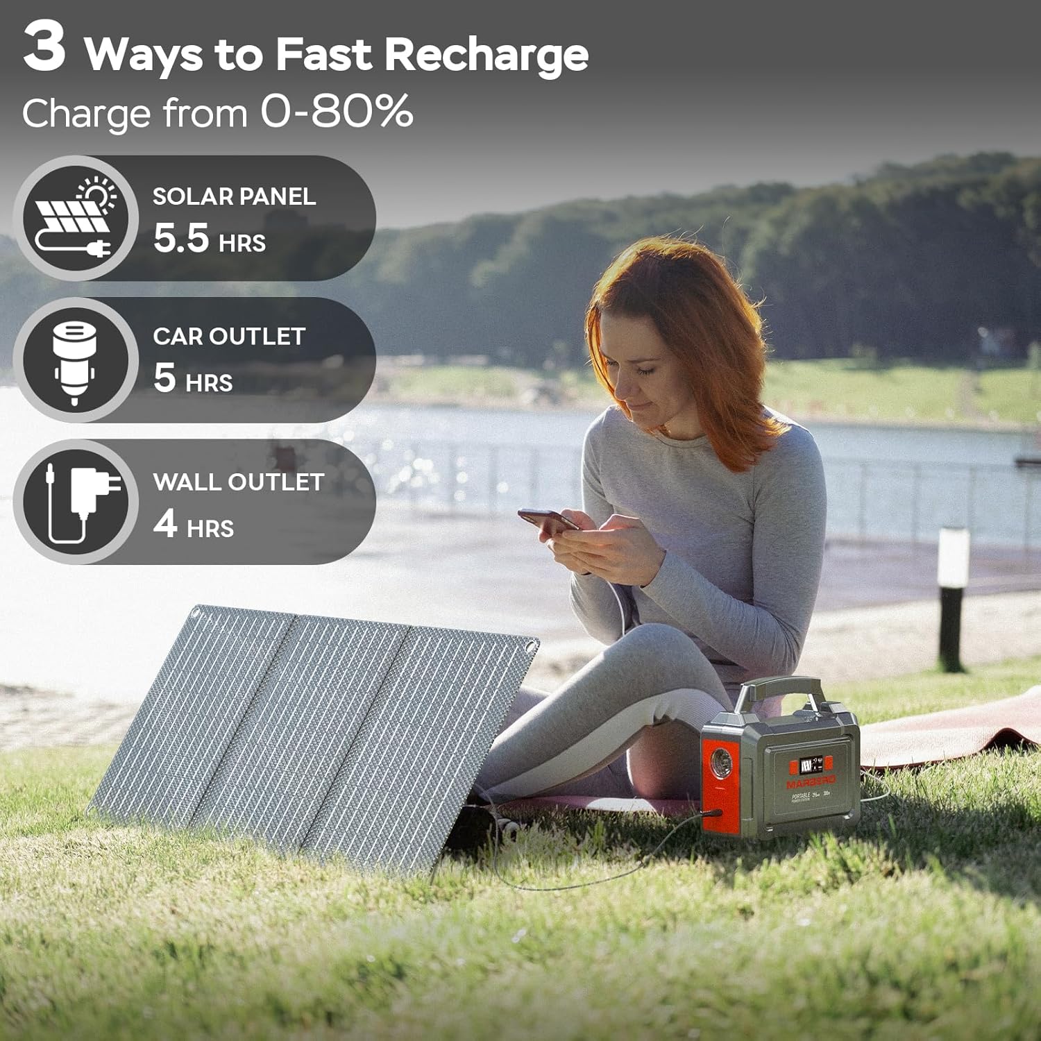 MARBERO Portable Power Station 296Wh Camping Solar Generator Laptop Charger Power Bank with AC Outlet 110V 350W Peak with Multi-Port LED Flashlights for CPAP Home Camping Hurricane Emergency