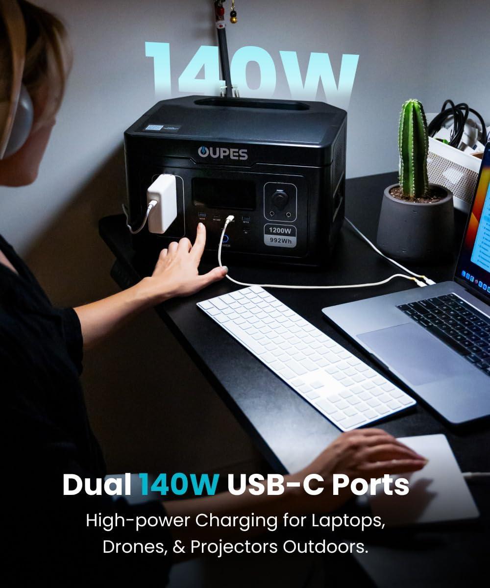OUPES Exodus 1200 Portable Power Station 1200W (Surge 3600W), 992Wh LiFePO4 Solar Generator with Smart App Control, UPS, 140W USB-C, for Outdoor  Emergency Backup
