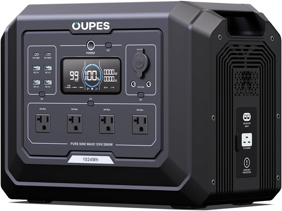 OUPES Mega 1 Portable Power Station 2000W (4500W Peak), 1024Wh LiFePO4 Battery Generator with 1400W AC Charging  800W Solar Charging, Expandable to 5120Wh, for Home, Power Outages, Camping  RVs