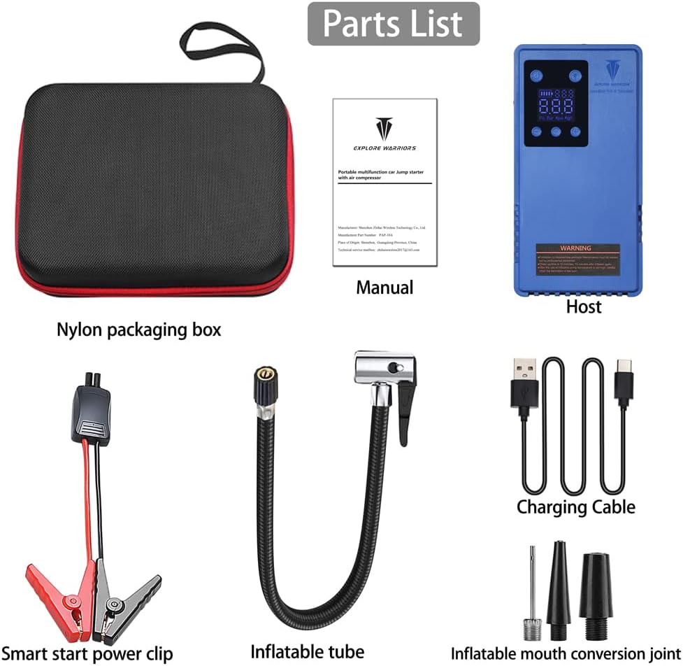 Portable Car Battery Jump Starter with Air Compressor,Wireless Tire Inflator Digital Screen Pressure Gauge 12V Booster