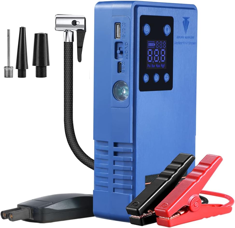 Portable Car Battery Jump Starter with Air Compressor,Wireless Tire Inflator Digital Screen Pressure Gauge 12V Booster