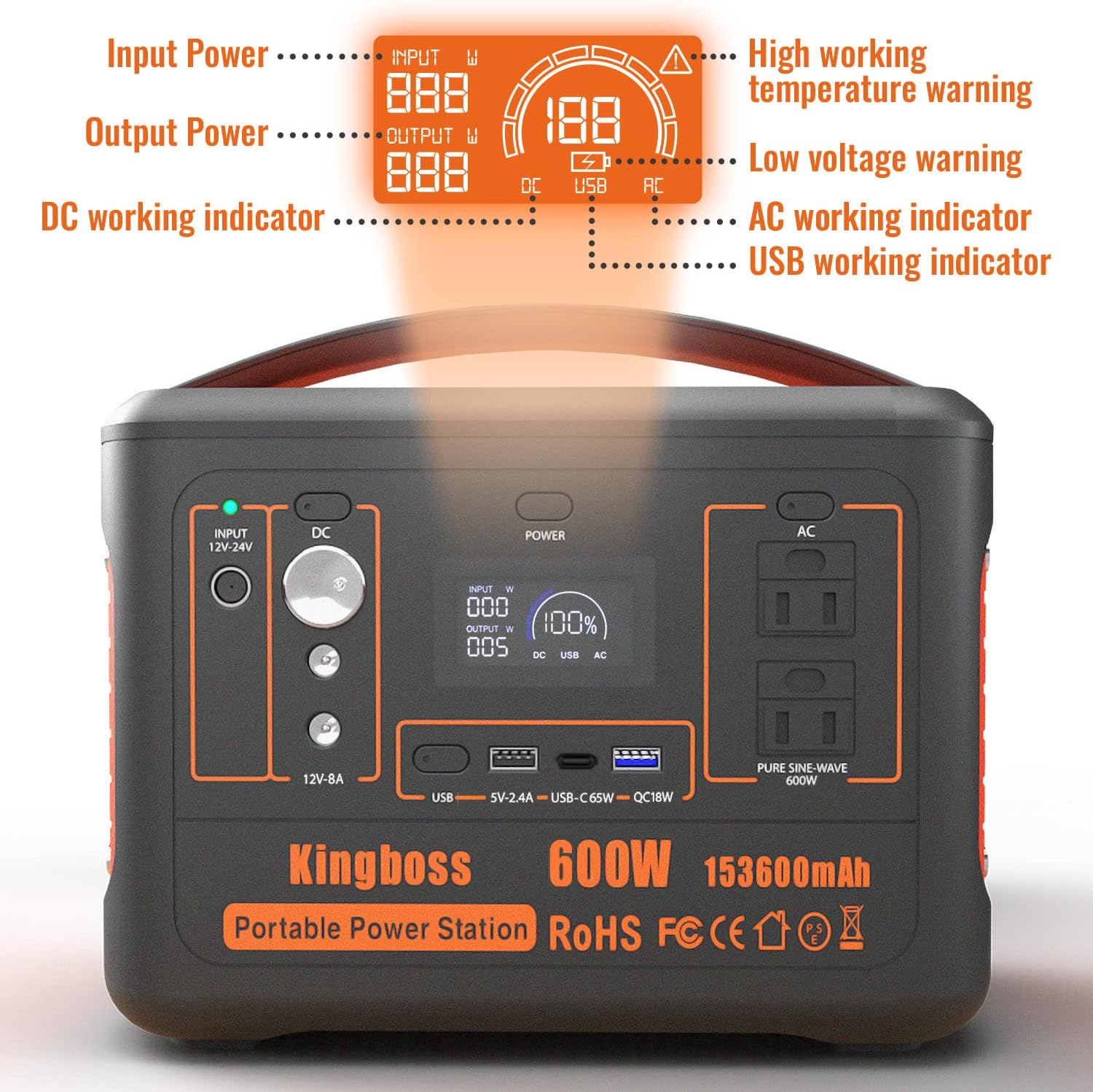 Portable Generator, Power Station 600W (Peak 1200W) Kingboss, 153600mAh 568WH, Lithium Battery 110V/600W, AC Outlet, 2*DC Carport, 2*USB-C, QC USB 3.0, Camping Power bank, Outdoor Indoor, RV, Outage Portable Generator, Power Station 600W (Peak 1200W) Kingboss, 153600mAh 568WH, Lithium Battery 110V/600W, AC Outlet, 2*DC Carport, 2*USB-C, QC USB 3.0, Camping Power bank, Outdoor Indoor, RV, Outage