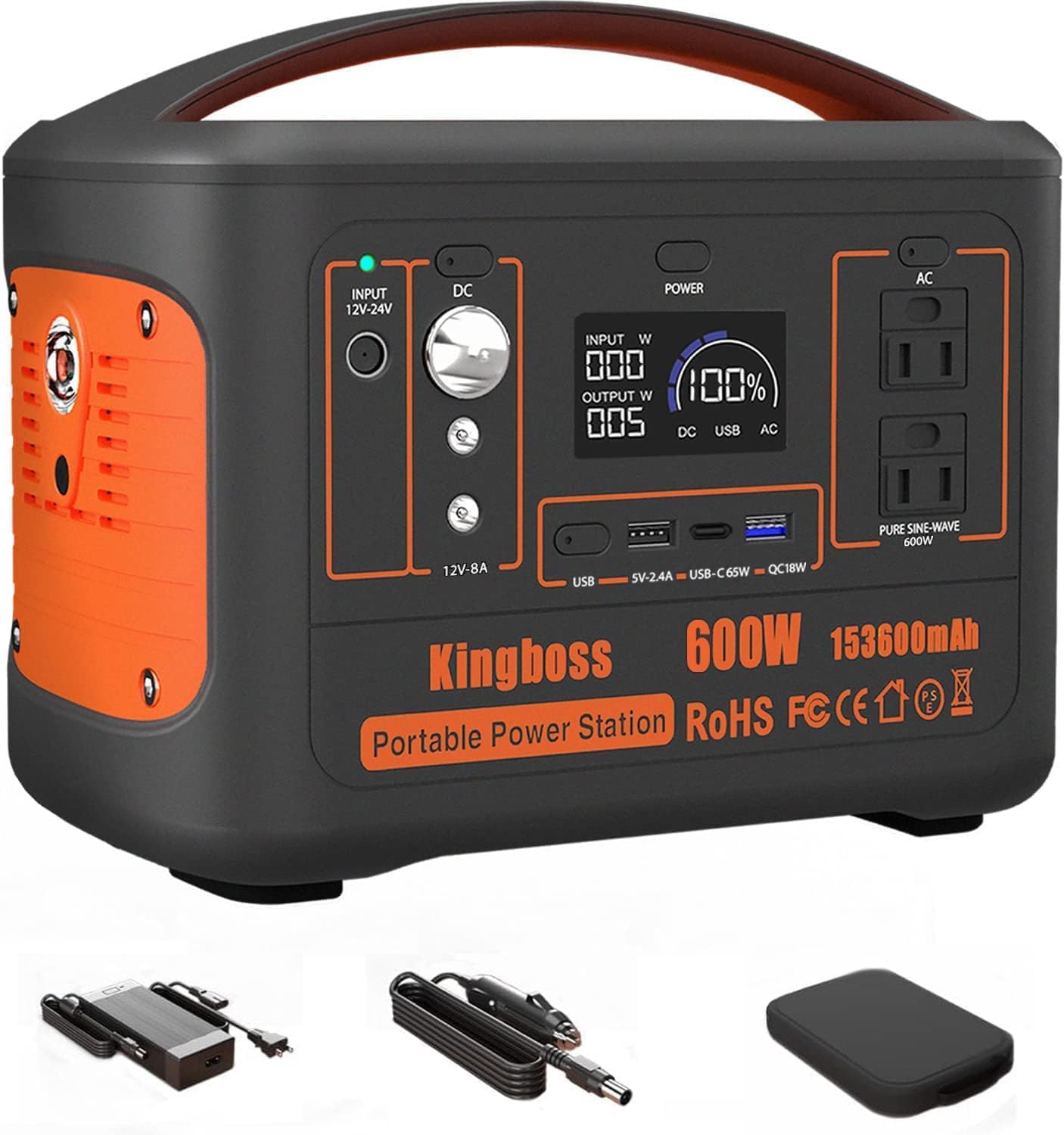 Portable Generator, Power Station 600W (Peak 1200W) Kingboss, 153600mAh 568WH, Lithium Battery 110V/600W, AC Outlet, 2*DC Carport, 2*USB-C, QC USB 3.0, Camping Power bank, Outdoor Indoor, RV, Outage Portable Generator, Power Station 600W (Peak 1200W) Kingboss, 153600mAh 568WH, Lithium Battery 110V/600W, AC Outlet, 2*DC Carport, 2*USB-C, QC USB 3.0, Camping Power bank, Outdoor Indoor, RV, Outage