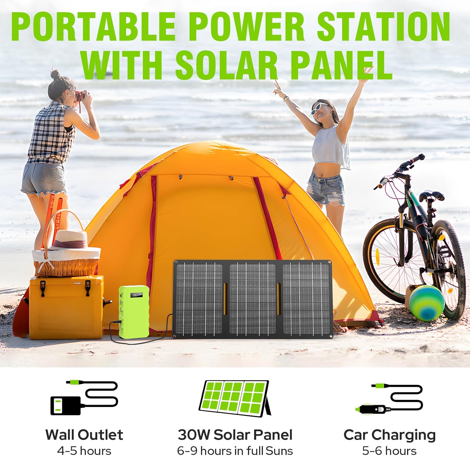Portable Power Bank with Panel, 24000mAh Portable Power Station with 30W Solar Panel, Lithium Battery Power 110V/88Wh AC, DC, USB QC3.0 for Home Camping Emergency Backup