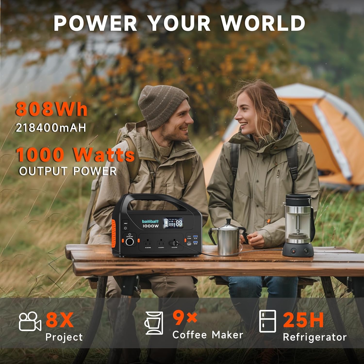 Portable Power Station 1000W,808Wh Portable Generator for Home Use, Quiet Generator for Camping Travel Emergency CPAP Survival Backup Outdoor Apartment,100W PD  110V Pure Sine Wave AC Outlet