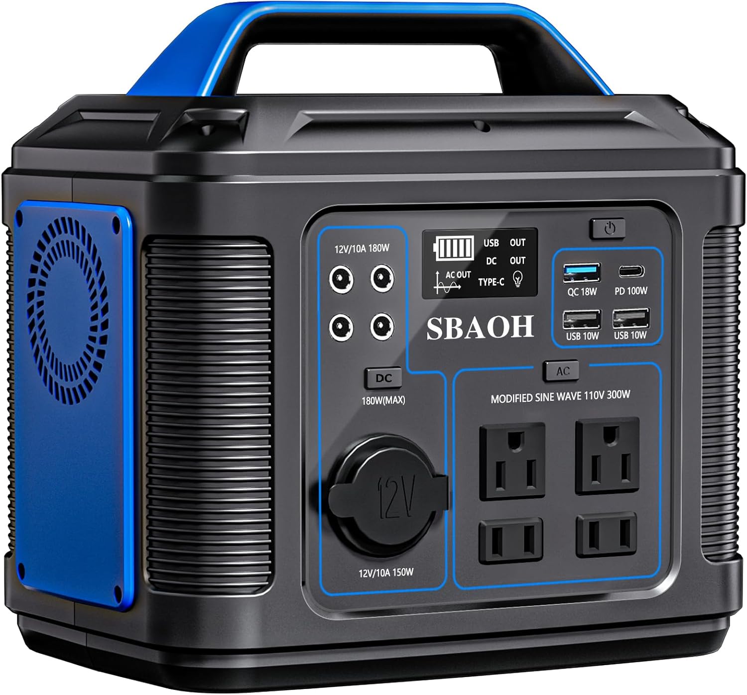 Portable Power Station, 300W 296Wh Solar Generator Quick Charge / 110V AC Outlets/DC Ports and LED Flashlight, Lithium Battery Backup for Home Outdoor Travel Camping Blackout blue