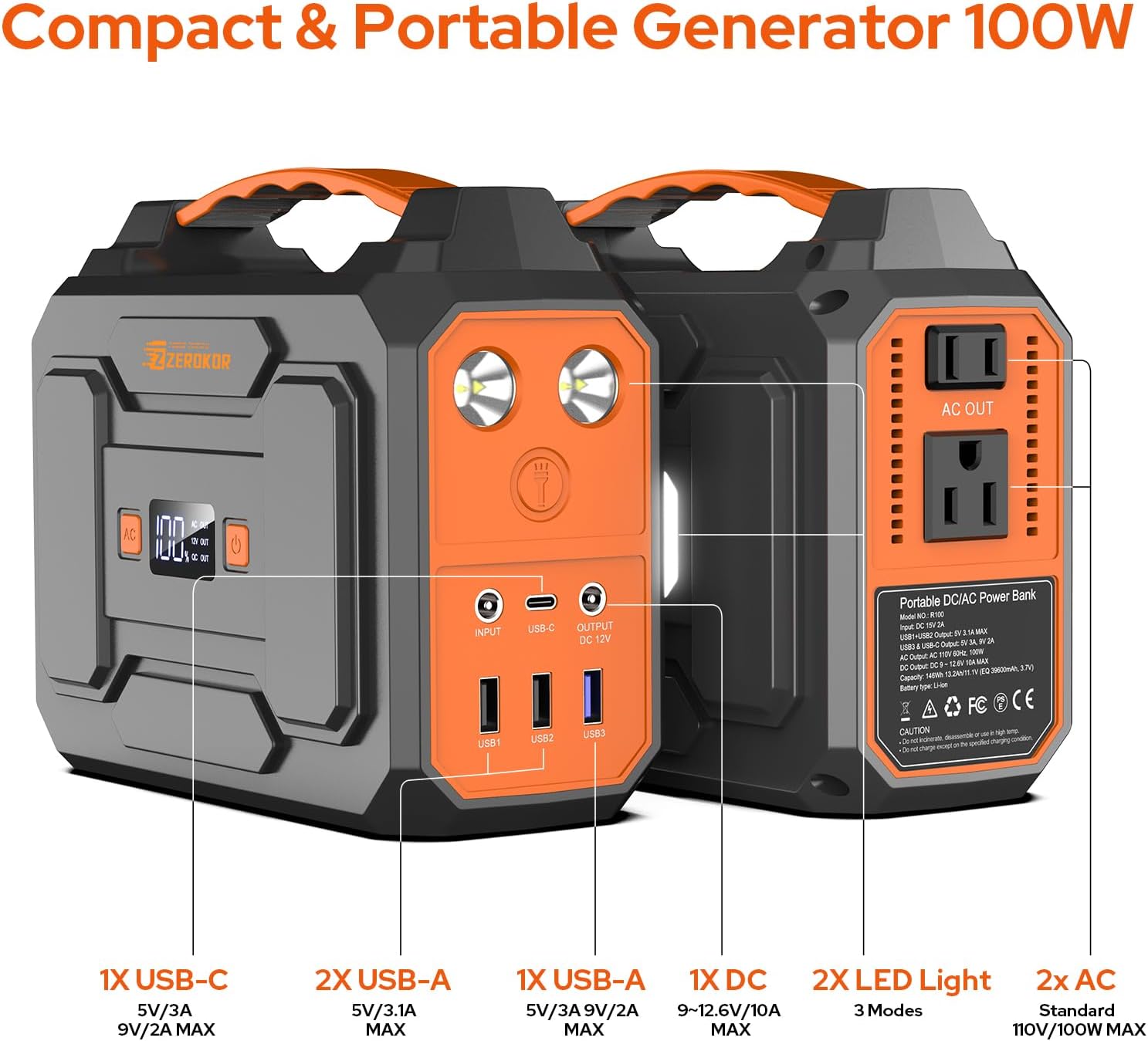 Portable Power Station with Foldable 40W Solar Panel, 100W Solar Powered Generator with Panels,110V AC Outlet Camping Solar Power Bank 146Wh Lithium Battery Pack for Home RV Outdoor Power Outage