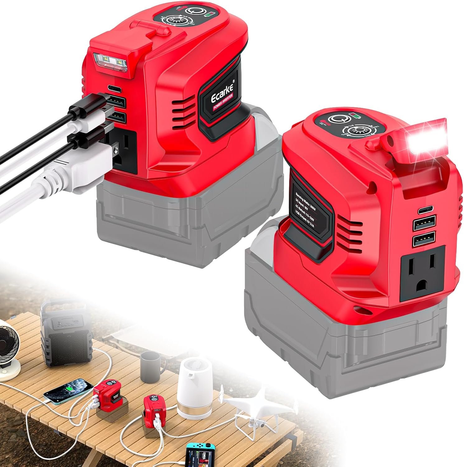 Power Inverter for Milwaukee 18V Battery,Ecarke 200W Portable Power Supply Inverter,DC 18V to AC 110V~120V Battery Power Station with 2 USBAC Battery Powered Outlet for m18 Battery Inverter (2pc)