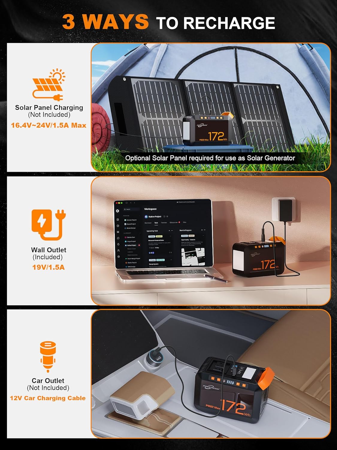 POWSTREAM-Portable-Power-Station-200W-Solar-Generator - 172Wh Camping Power Bank with AC Outlet 110V DC USB Small Generator Power Supply with LED Flashlight for Trip CPAP RV Travel Home Emergency