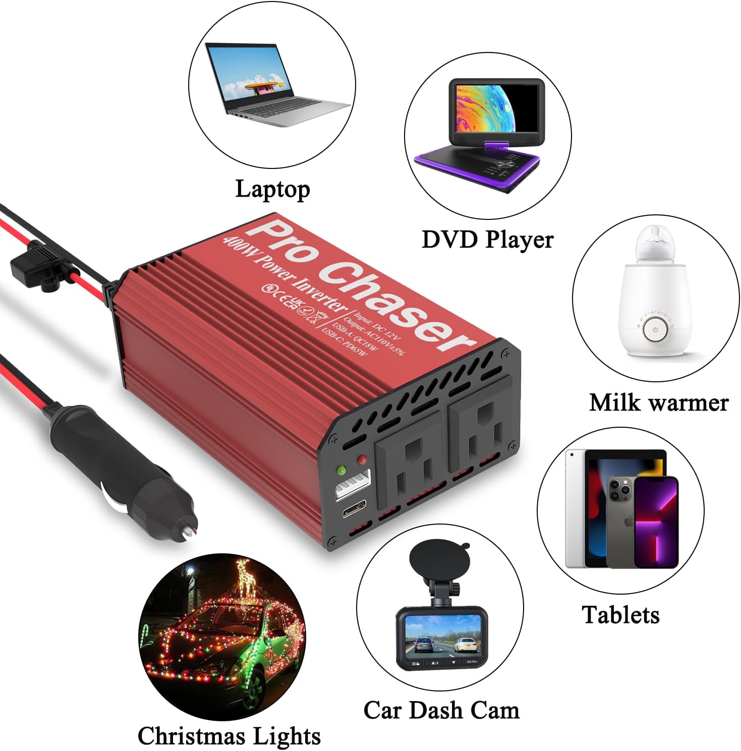 Pro Chaser 400W Power Inverters for Vehicles - DC 12v to 110v AC Car Inverter Converter, USB-A, PD 65W USB-C Ports, Dual AC Adapter for Air Compressor Laptops