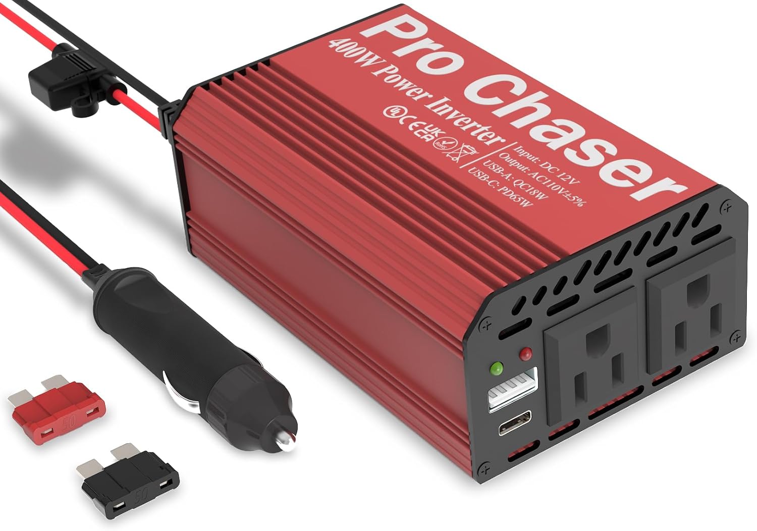 Pro Chaser 400W Vehicle Power Inverter - 12V DC to 110V AC Car Converter, Dual AC Outlets, USB-A QC 18W  USB-C PD 65W Ports, Road Trip Charging Companion with Replaceable in-Line Fuse