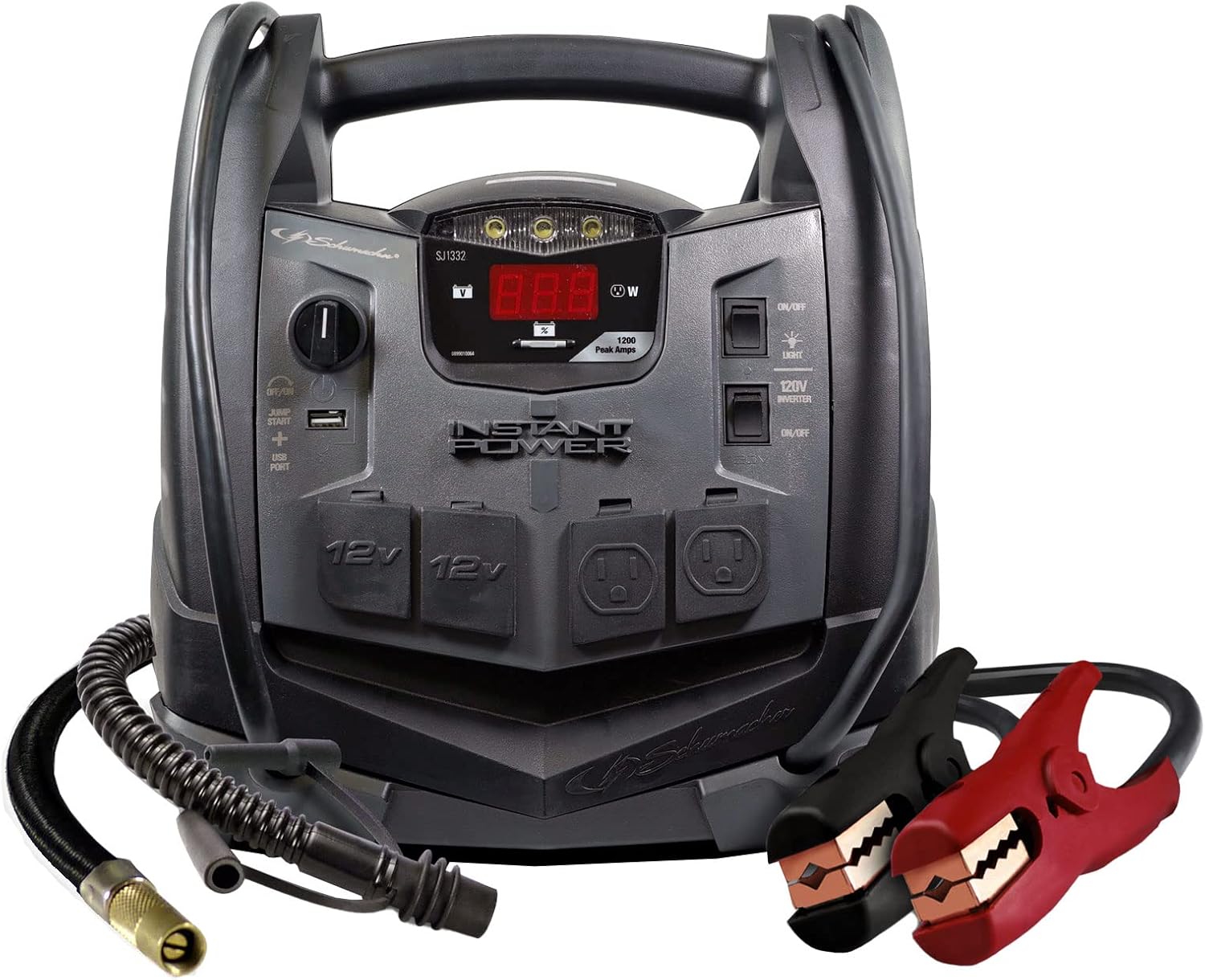 Schumacher Electric Jump Starter and Portable Power Station, SJ1332, 6-in-1, 1200 Peak Amps, 12 Volts, 150-PSI Air Compressor, 200 Continuous Watt Power Inverter, 5 Outlets - DC, AC and USB