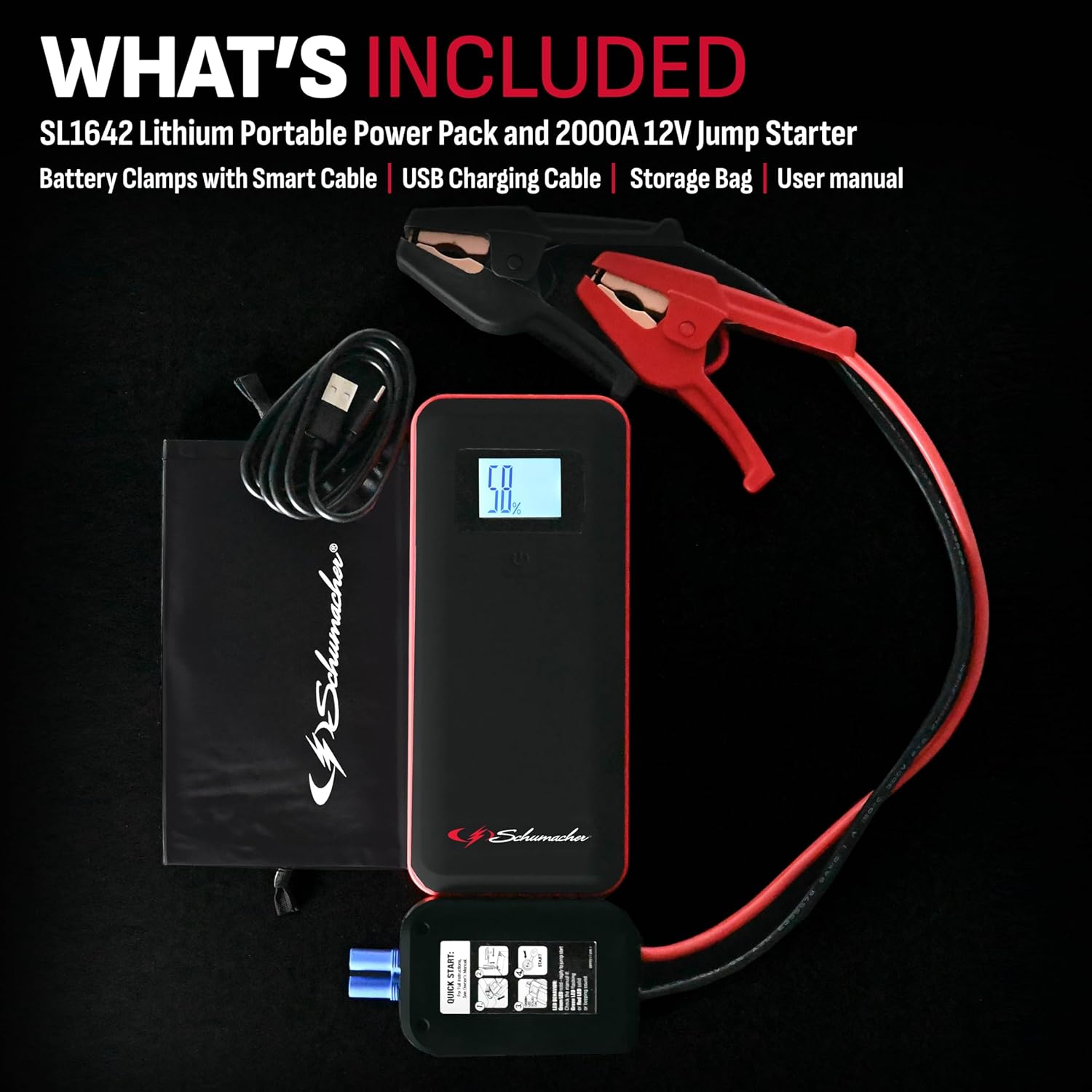 Schumacher Electric Lithium Jump Starter and Portable Power Pack, SL1639, 1000 Amps, 12 Volt, 2.4 Amp USB Port, for Motorcycle, Car, Truck, and Boat Batteries, Digital Display