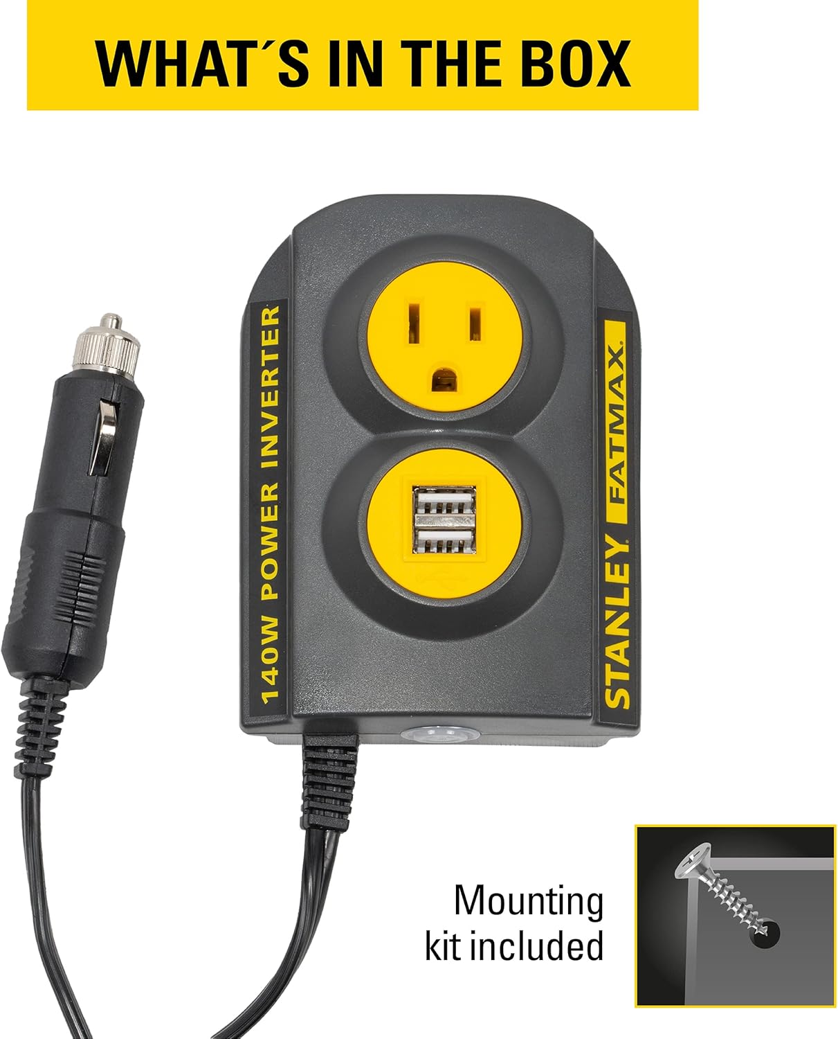 STANLEY FATMAX PCI140 140W Power Inverter: 12V DC to 120V AC Power Outlet with Dual USB Ports