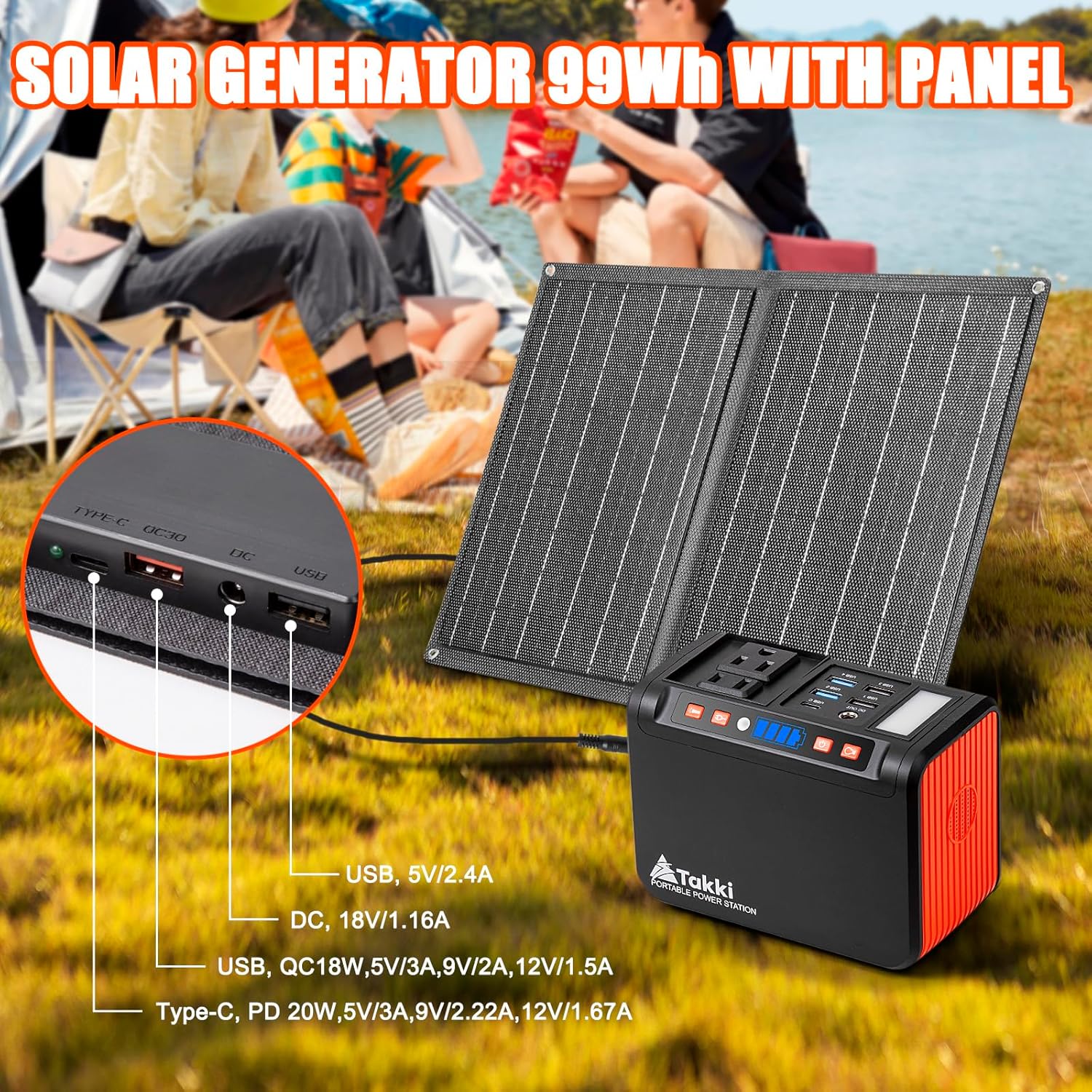 Takki 111Wh Solar Generator Portable Power Station with Panels 21W Included, 120W Peak Camping Solar Charger System Power Bank AC DC USB Ports for Camping Emergency Outdoor