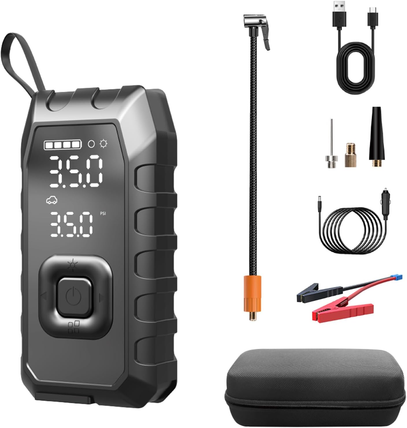 Tire Inflator  Jump Starter, 150 PSI Portable Air Compressor with 20,000mAh Power Bank, Twin Cylinder 12V DC Electric Pump for Car,SUV,Motorcycle (Emergency Light  Type-C Charger Included)
