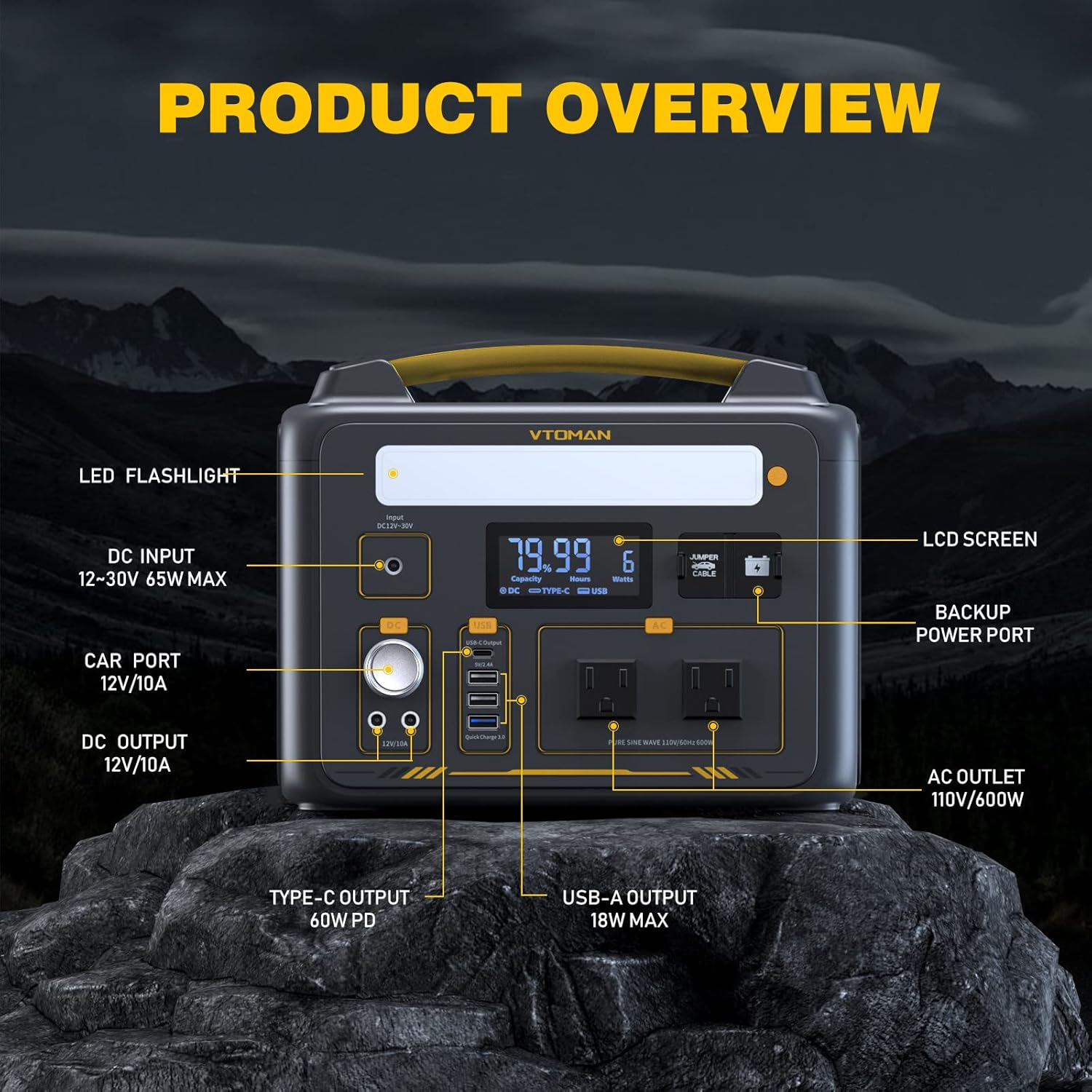 VTOMAN Jump 600X Portable Power Station, LFP Battery Powered Generator with 2x 600W AC Outlets (Surge 1200W), 4x USB ports, 3x DC Output for Outdoor Camping, Vehicle Emergency, Electric Backup