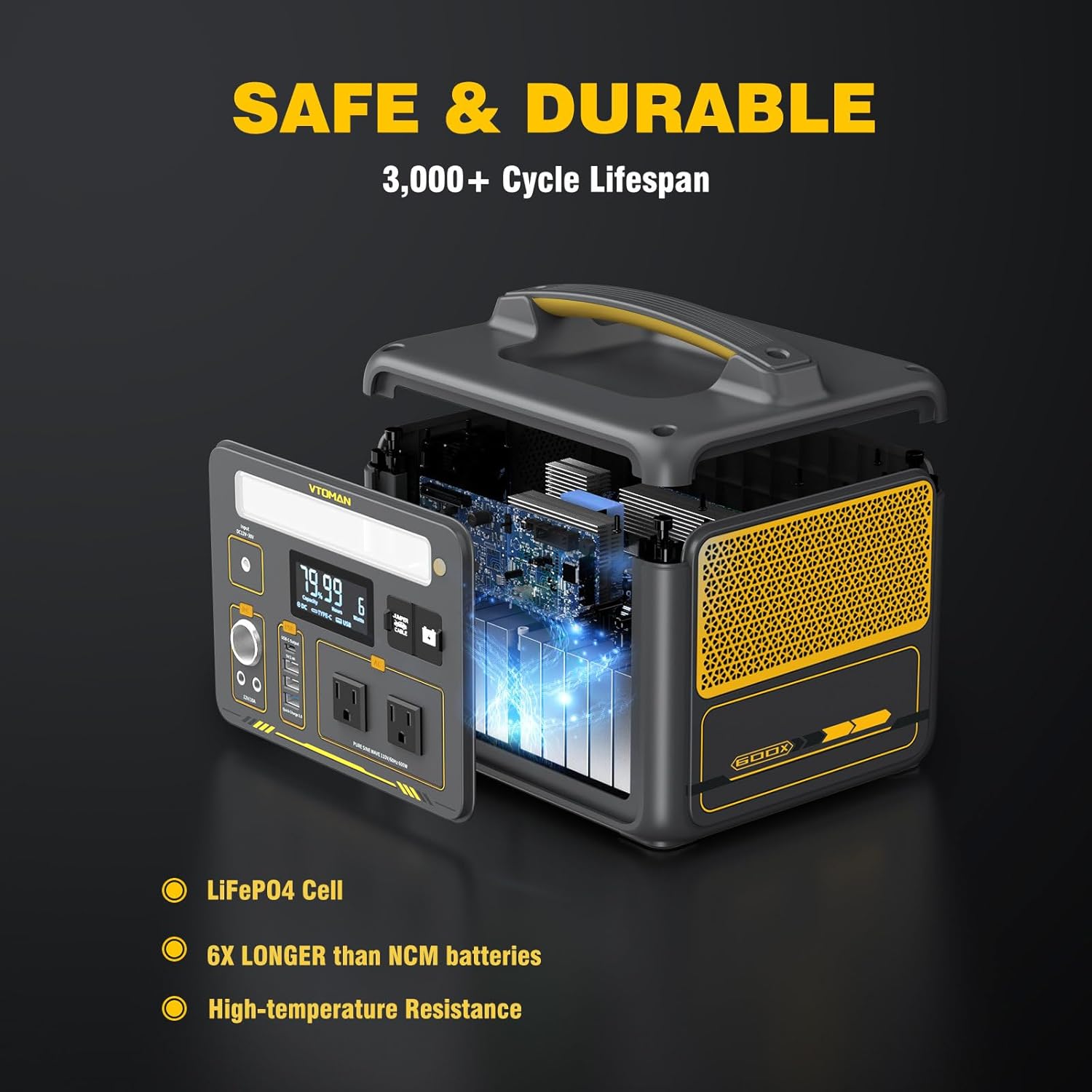 VTOMAN Jump 600X Portable Power Station, LFP Battery Powered Generator with 2x 600W AC Outlets (Surge 1200W), 4x USB ports, 3x DC Output for Outdoor Camping, Vehicle Emergency, Electric Backup
