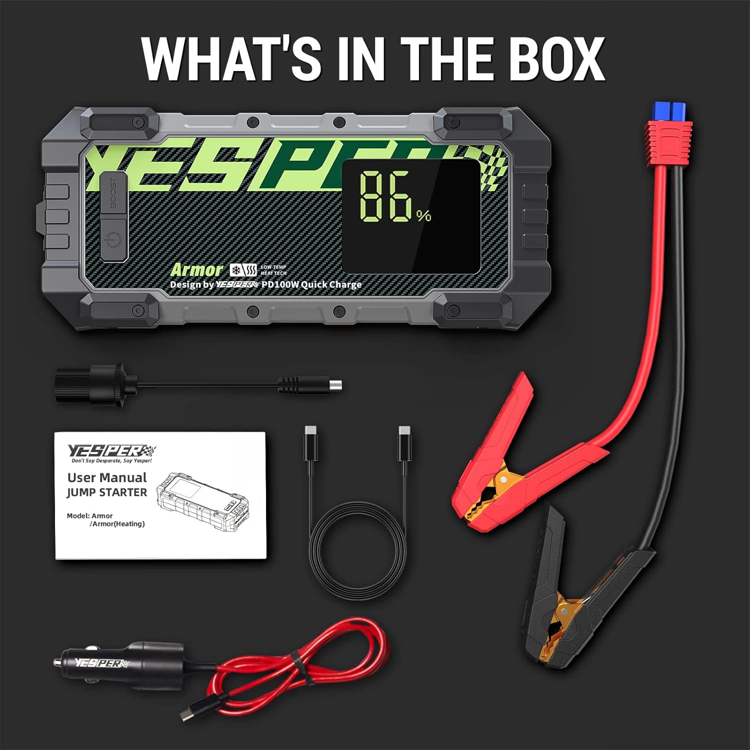 YESPER Jump Starter Portable,1500A Peak Motorcycle Jumper Starter, Jump Box for Car Battery, 12V Auto Battery Booster Pack(Up to 6L Gas and 4L Diesel Engine)with Smart Safety Jumper Cable  LED Light