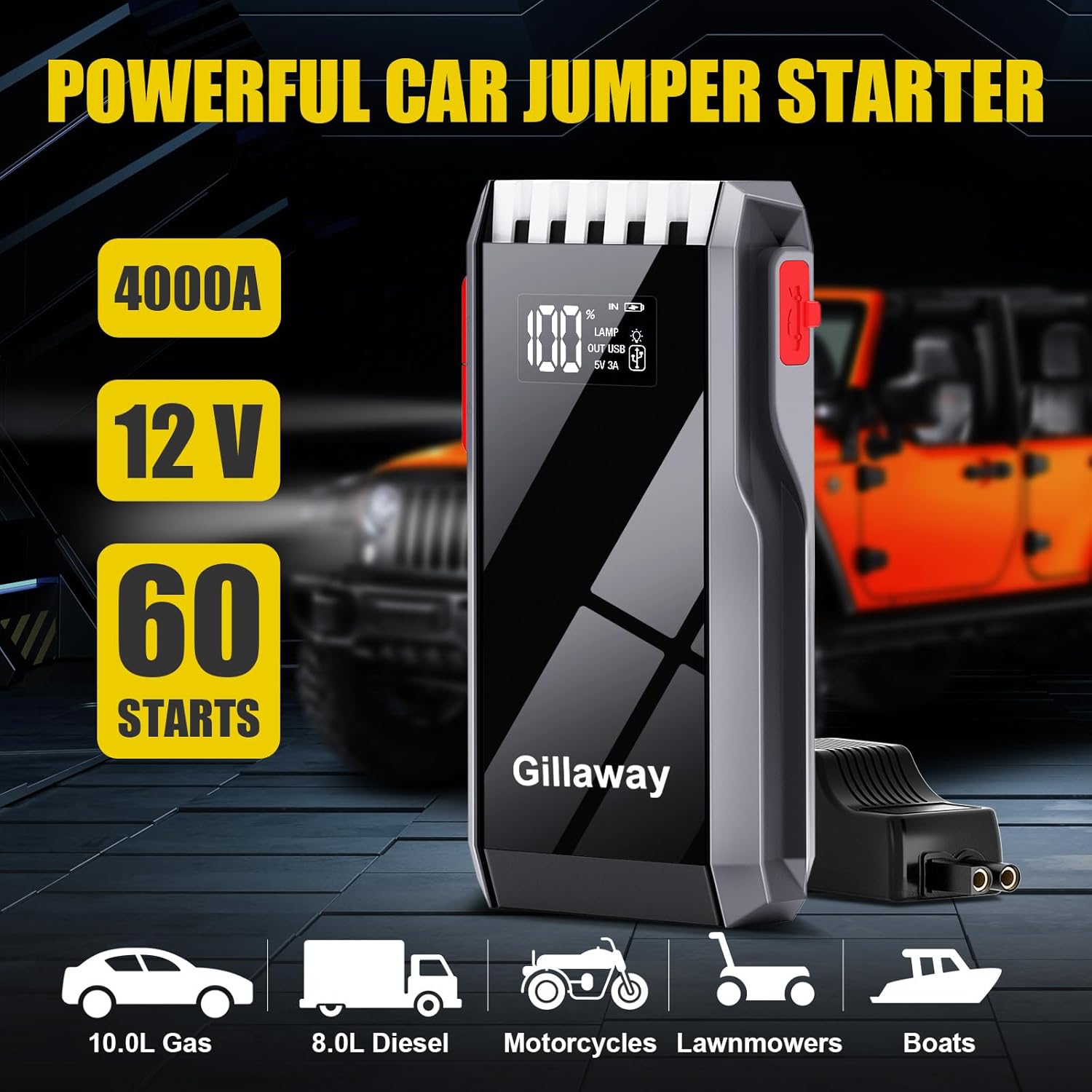 012 Jump Starter Battery Pack, 4000A Peak Car Battery Charger Jump Starter for Up to 10.0L Gas or 8.0L Diesel Engine,12V Car Jumper Starter Portable with Full LCD Screen  LED Light  USB