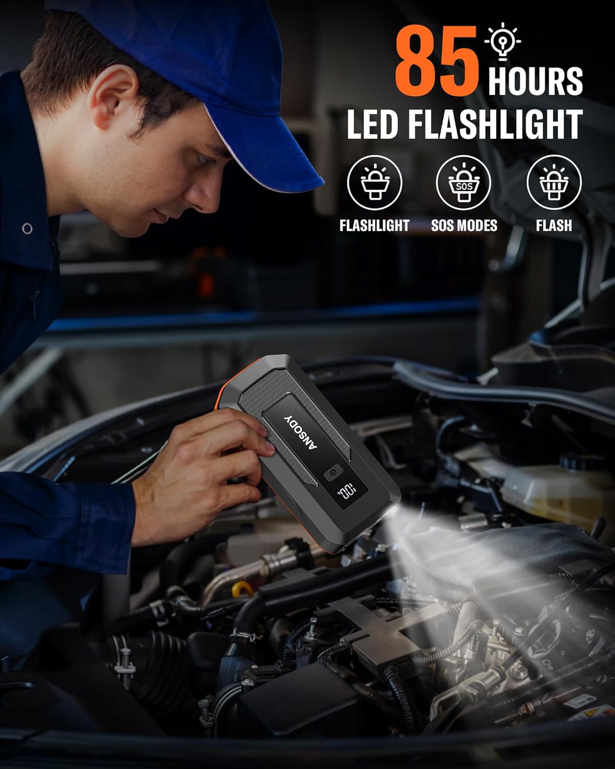 3000A Peak Car Jump Starter(Up to 10L Gas or 8L Diesel Engine), Battery Booster with Jump Leads, Built-in LED Floodlight  SOS, -20℃ Cold Cranking, Jump Box for 12V Pickup SUV Motorcycle