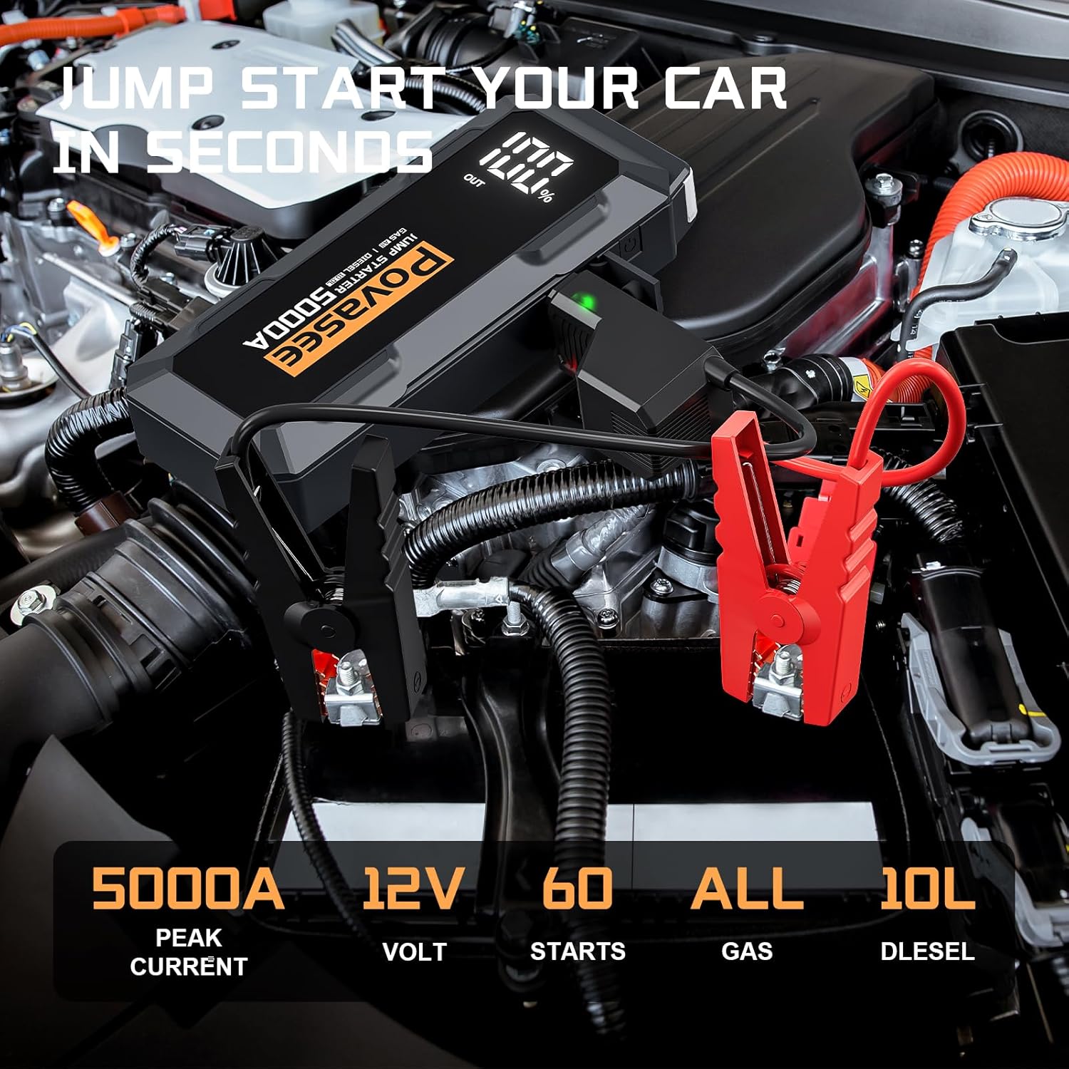 3000A Peak Jump Starter Pack, 12V Jump Box for Car Battery up to 10L Gas or 8L Diesel Engine Battery Jump Starter with Power Bank/Dual Output/LED Light