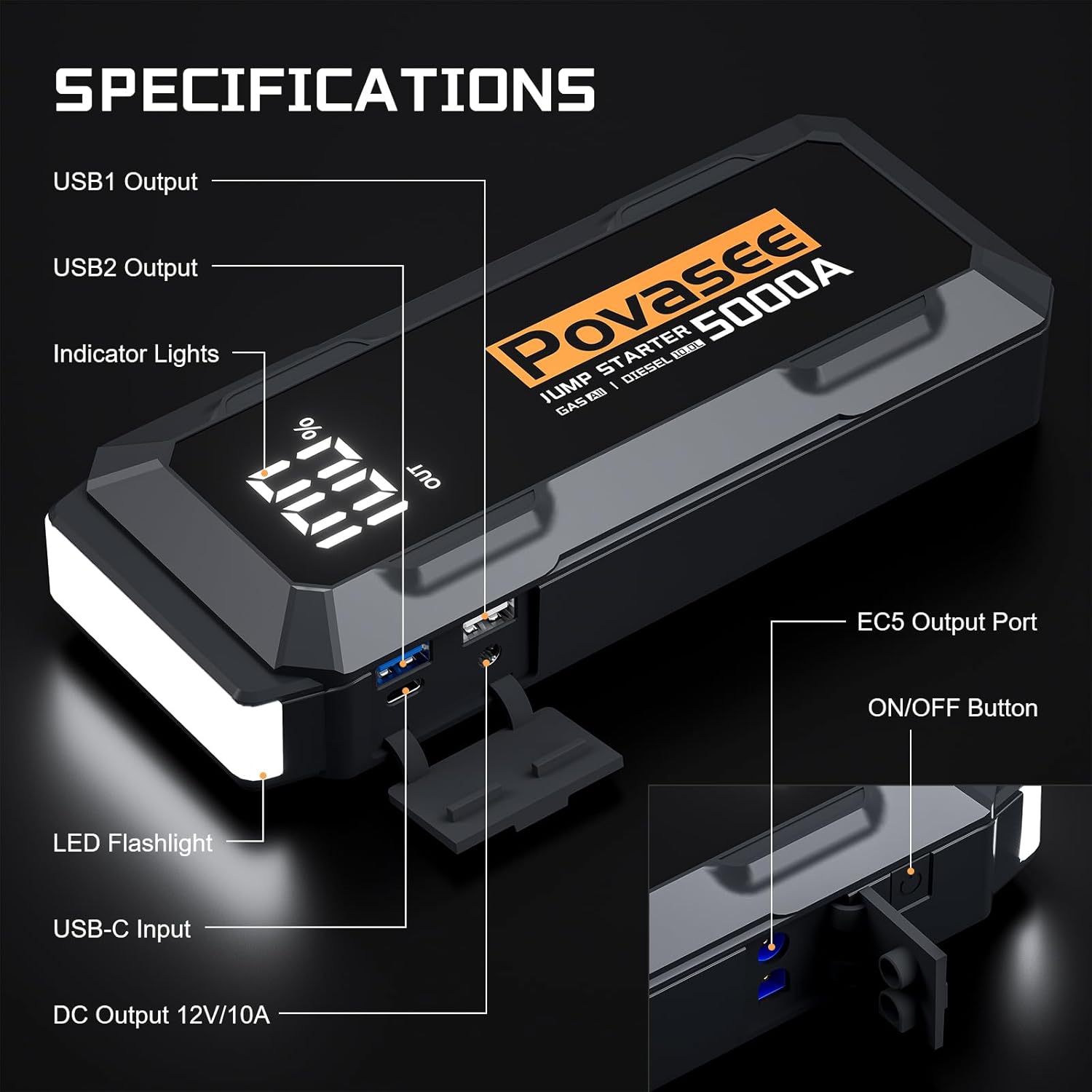 3000A Peak Jump Starter Pack, 12V Jump Box for Car Battery up to 10L Gas or 8L Diesel Engine Battery Jump Starter with Power Bank/Dual Output/LED Light