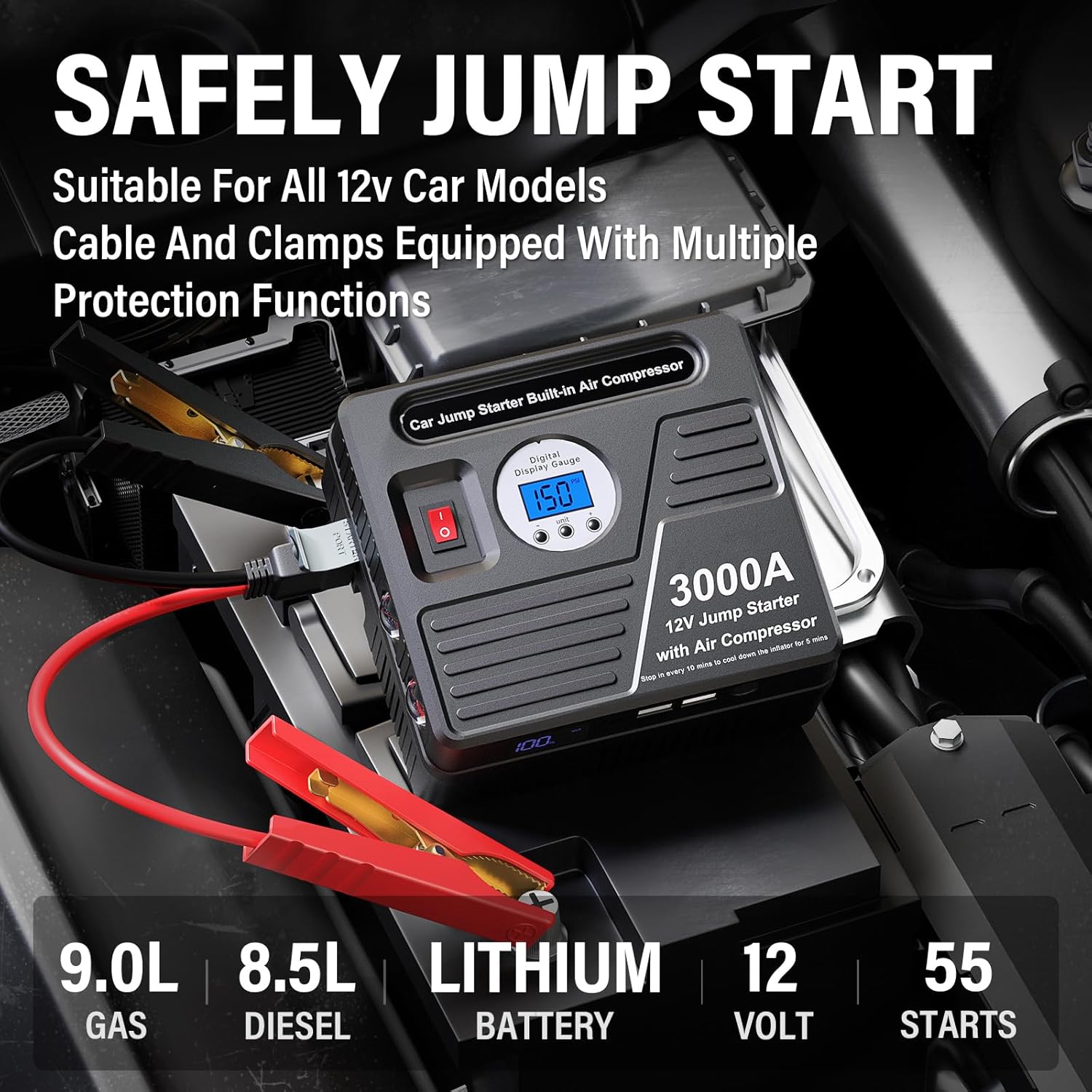 3000Amp Car Jump Starter with Air Compressor, 150PSI Tire Inflator with Digital Screen Pressure Gauge, 24000mAh 12V Auto Battery Booster (9.0L Gas/ 8.5LDiesel Engine), 2 USB Port 2 Light