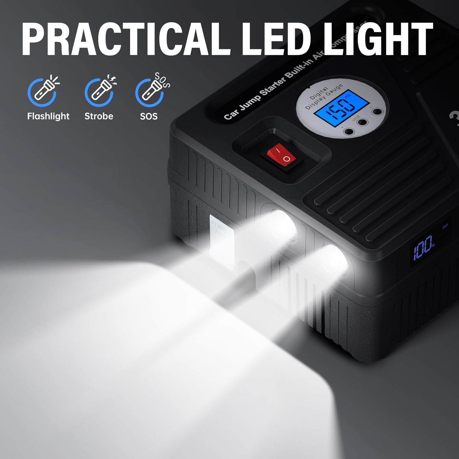 3000Amp Car Jump Starter with Air Compressor, 150PSI Tire Inflator with Digital Screen Pressure Gauge, 24000mAh 12V Auto Battery Booster (9.0L Gas/ 8.5LDiesel Engine), 2 USB Port 2 Light