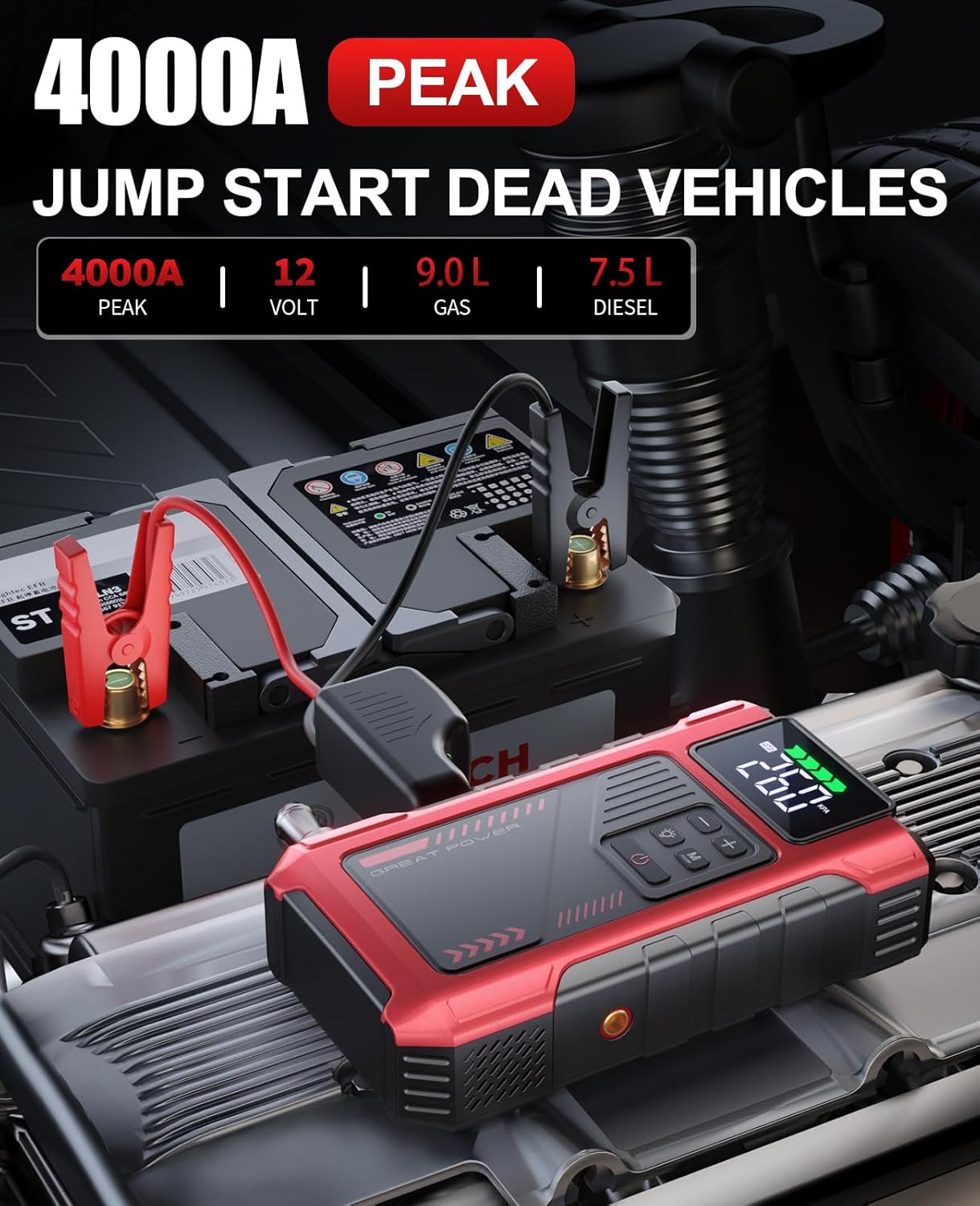 4000A Car Battery Jump Starter with Air Compressor, Portable Battery Charger for Car, 12V Power Pack with 150PSI Tire Inflator for 9.0L Gas/7.5L Diesel Engines Jump Box with Jumper Cable