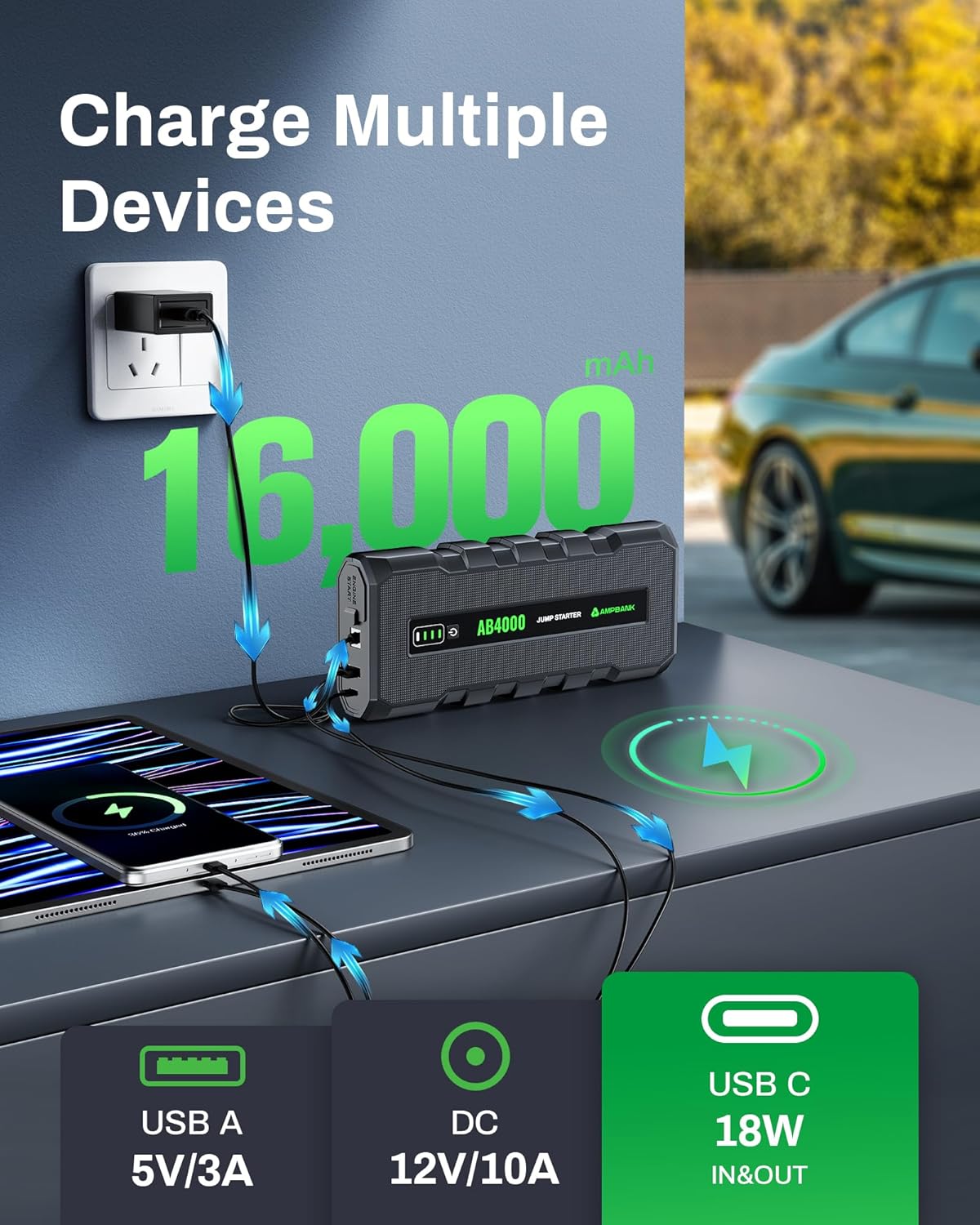 4000A Jump Starter,12V Battery Jumper Starter Portable with 18W Quick Charger, Car Jump Starter Battery Pack(10L Gas 8L Diesel Engine) with Booster,LED Light,Jumper Cables  EVA Case