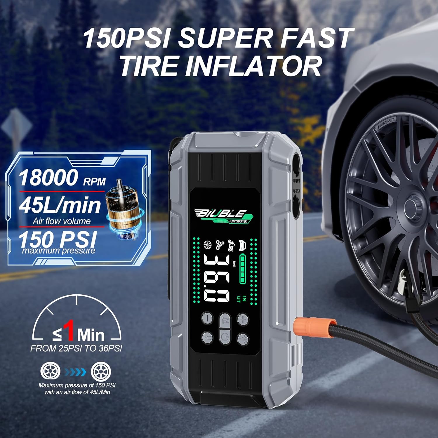 8000A Jump Starter with Air Inflator/Deflator Compressor, 65W Charging Car Battery Jump Starter (All Gas/16L Diesel), 24800mAh 150PSI Battery Jumper Starter Portable, Jump Box Jump Pack with LED Light