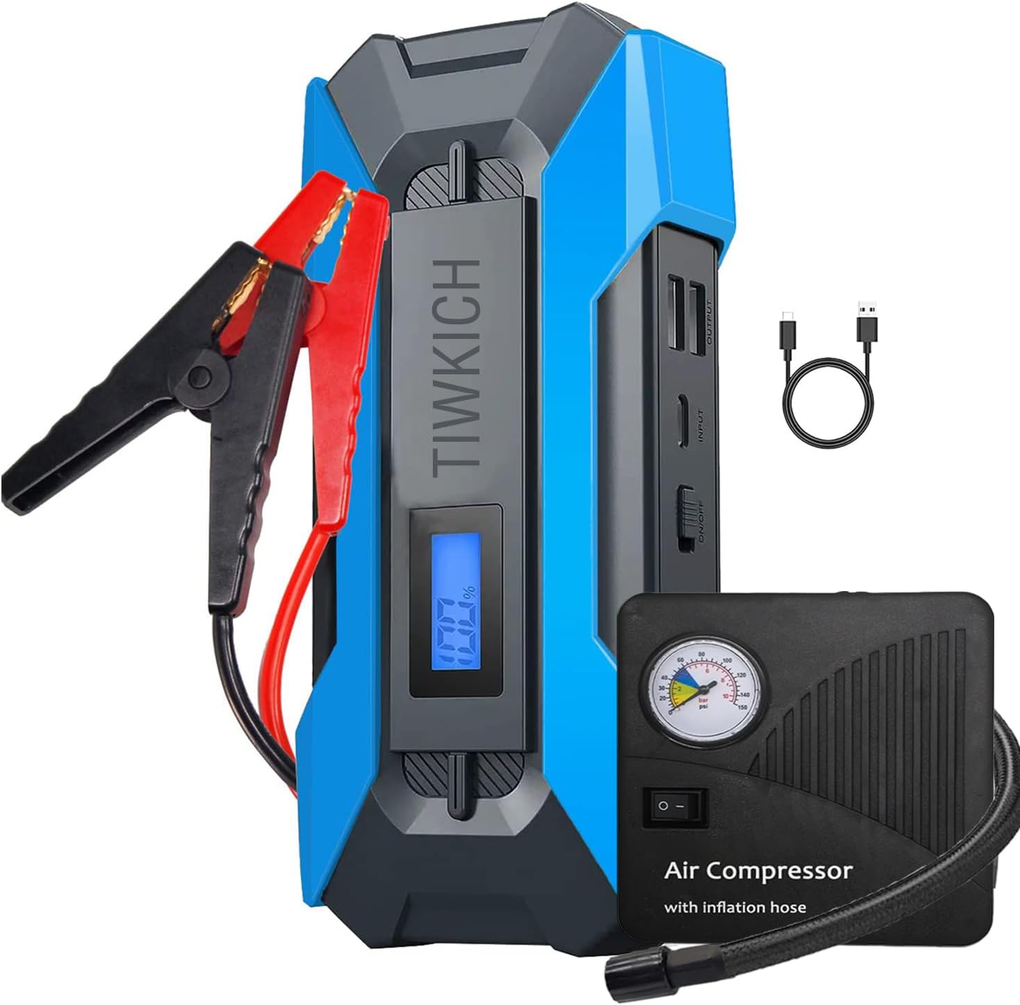 A11 Jump Starter Pack with Air Compressor, 2000A/12V Jump Box with Air Pump, Car Battery Charger for Up to 10.0L Gas and 8.0L Diesel, with LCD Display, Emergency Light, Quick Charge