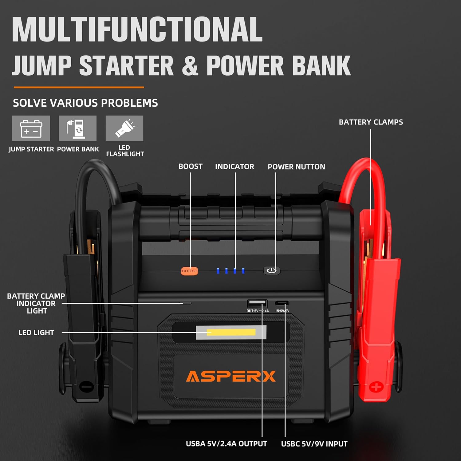 ASPERX Car Jump Starter, 2000A Peak Battery Jump Starter for Up to 7.0L Gas or 5.5L Diesel Engine, 12V Portable Battery Starter Power Pack with 1.4 INCH LCD Display