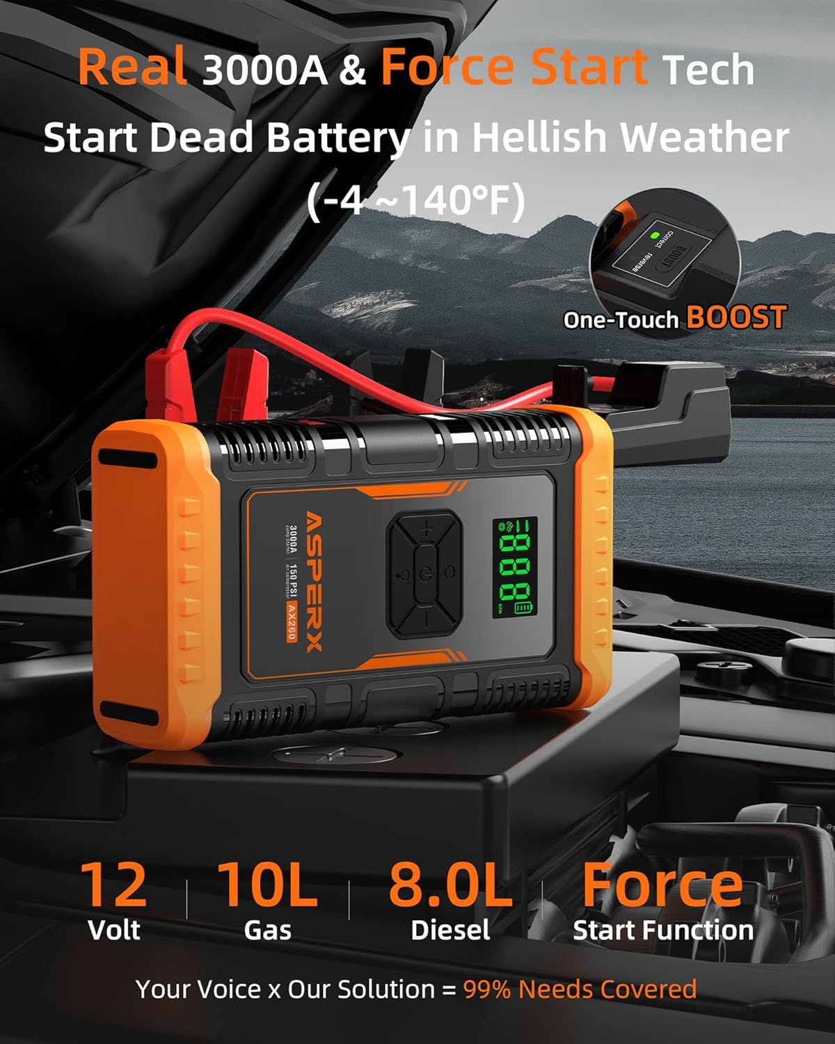 ASPERX Jump Starter with Air Compressor,【Upgrade  Safety Certs】10L Gas/8L Diesel(Almost All Cars) 12V Jumper Box Car Battery Jumper Starter Portable with Tire Inflator, Jumper Cables, Display  Light