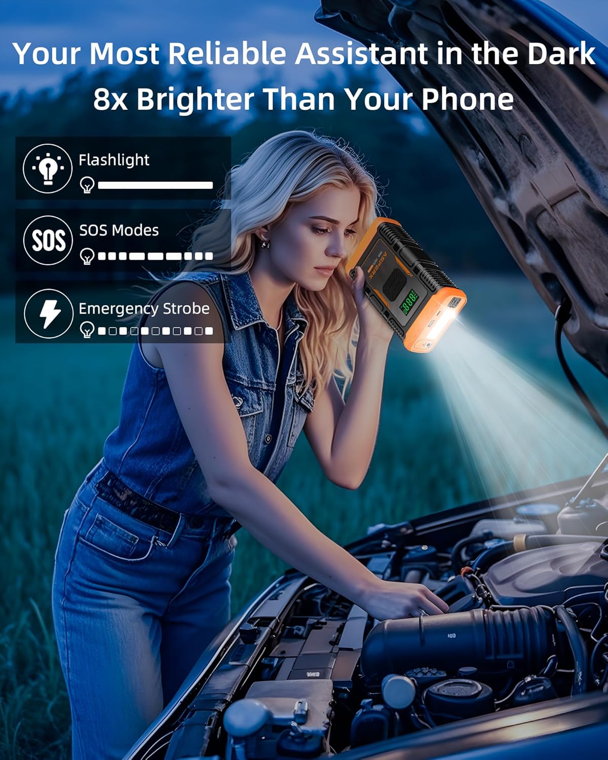 ASPERX Jump Starter with Air Compressor,【Upgrade  Safety Certs】10L Gas/8L Diesel(Almost All Cars) 12V Jumper Box Car Battery Jumper Starter Portable with Tire Inflator, Jumper Cables, Display  Light