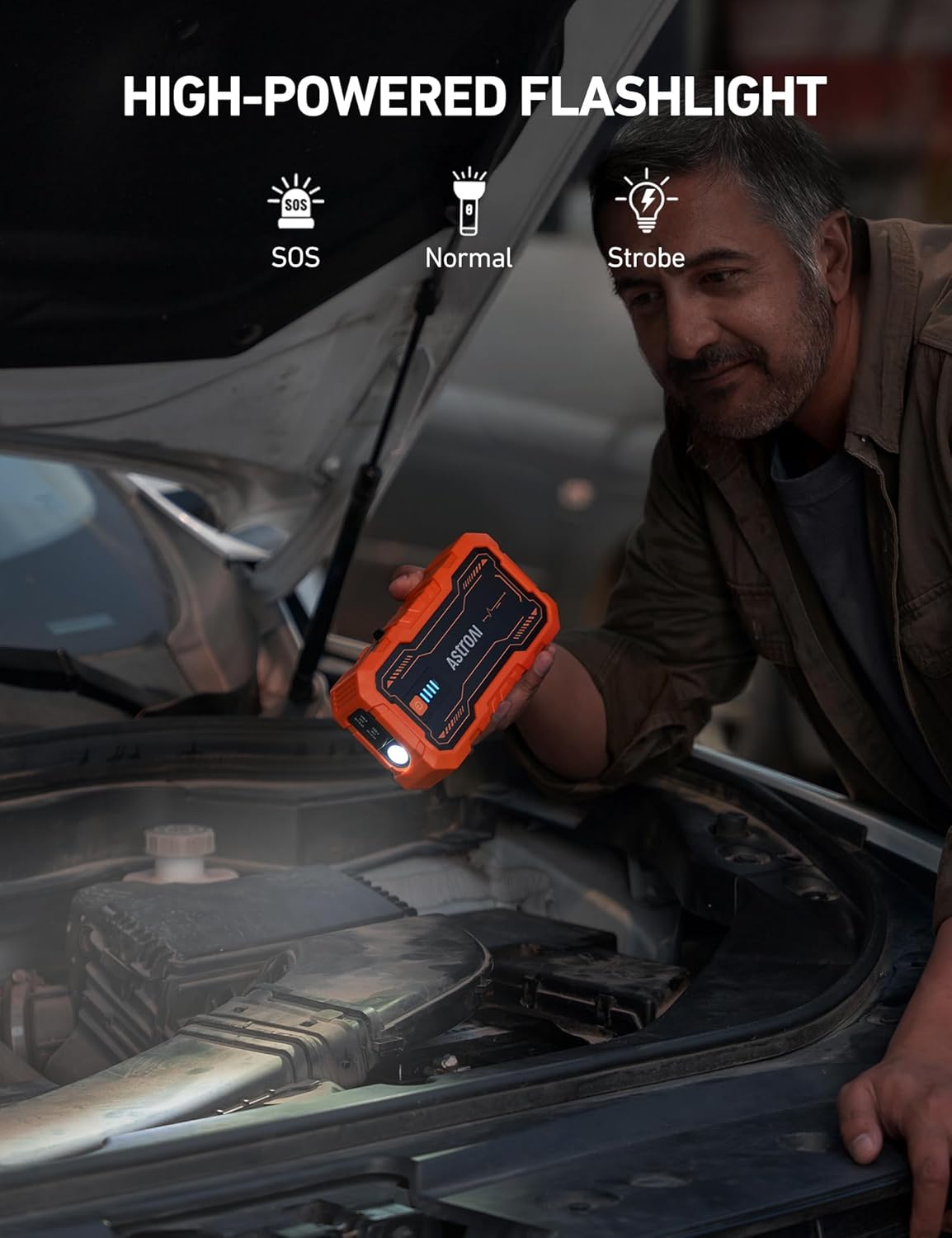AstroAI S8 Pro Car Battery Jump Starter, 3000A Peak Jump Starter Battery Pack for Up to 9.0L Gas  7.0L Diesel Engines, 12V Portable Jumper Box with 3 Modes Flashlight and Jumper Cables，Orange