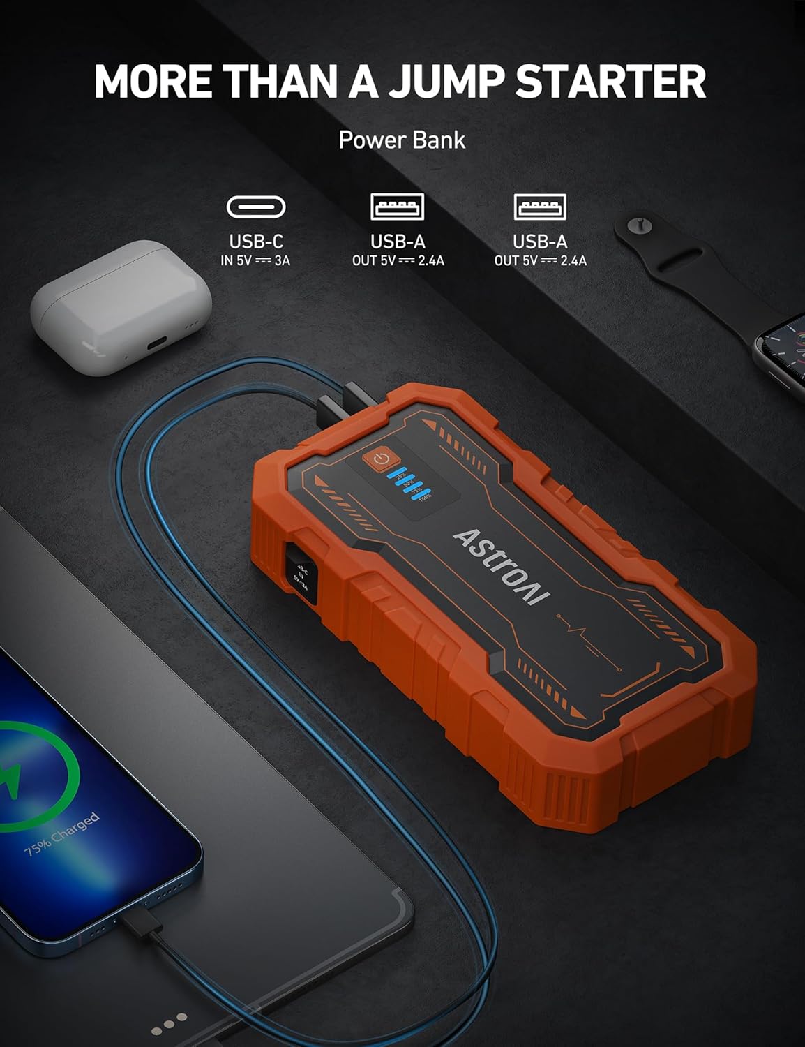 AstroAI S8 Pro Car Battery Jump Starter, 3000A Peak Jump Starter Battery Pack for Up to 9.0L Gas  7.0L Diesel Engines, 12V Portable Jumper Box with 3 Modes Flashlight and Jumper Cables，Orange