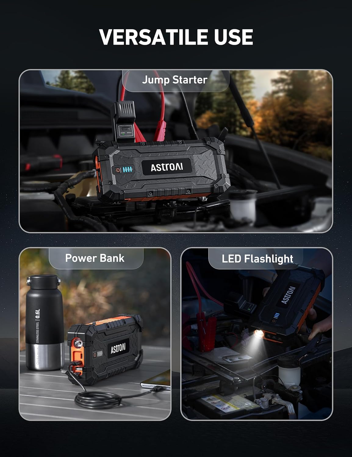 AstroAI S8 Ultra 4000A Jump Starter, 24000mAh Car Starter(All Gas, Up to 12L Diesel Engine), 12V Auto Battery Booster Pack, Jump Box with USB Quick Charge and DC/Type C Port, LED Light, Jumper Cable