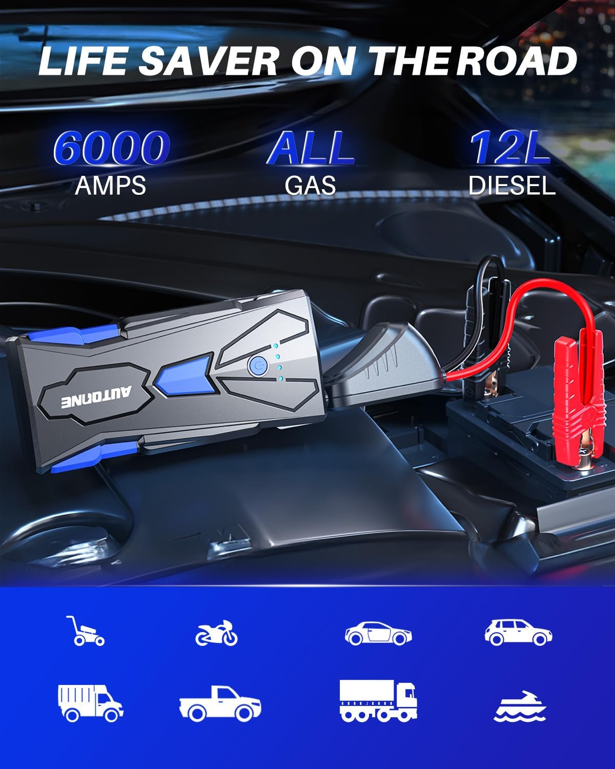 AUTOONE 6000A Car Battery Jump Starter Up to All Gas  12L Diesel Engine, Car Battery Jumper Starter Portable 12V Jump Box with USB Output, Storage Case, LED Flashlight