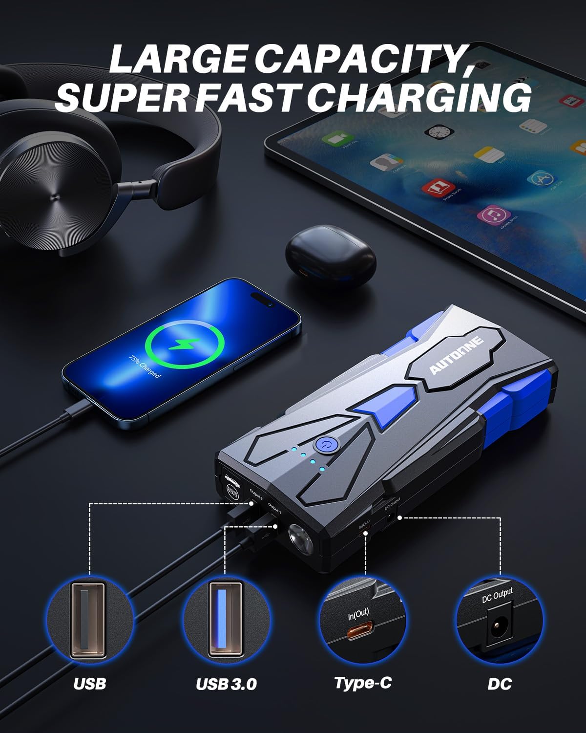 AUTOONE 6000A Car Battery Jump Starter Up to All Gas  12L Diesel Engine, Car Battery Jumper Starter Portable 12V Jump Box with USB Output, Storage Case, LED Flashlight