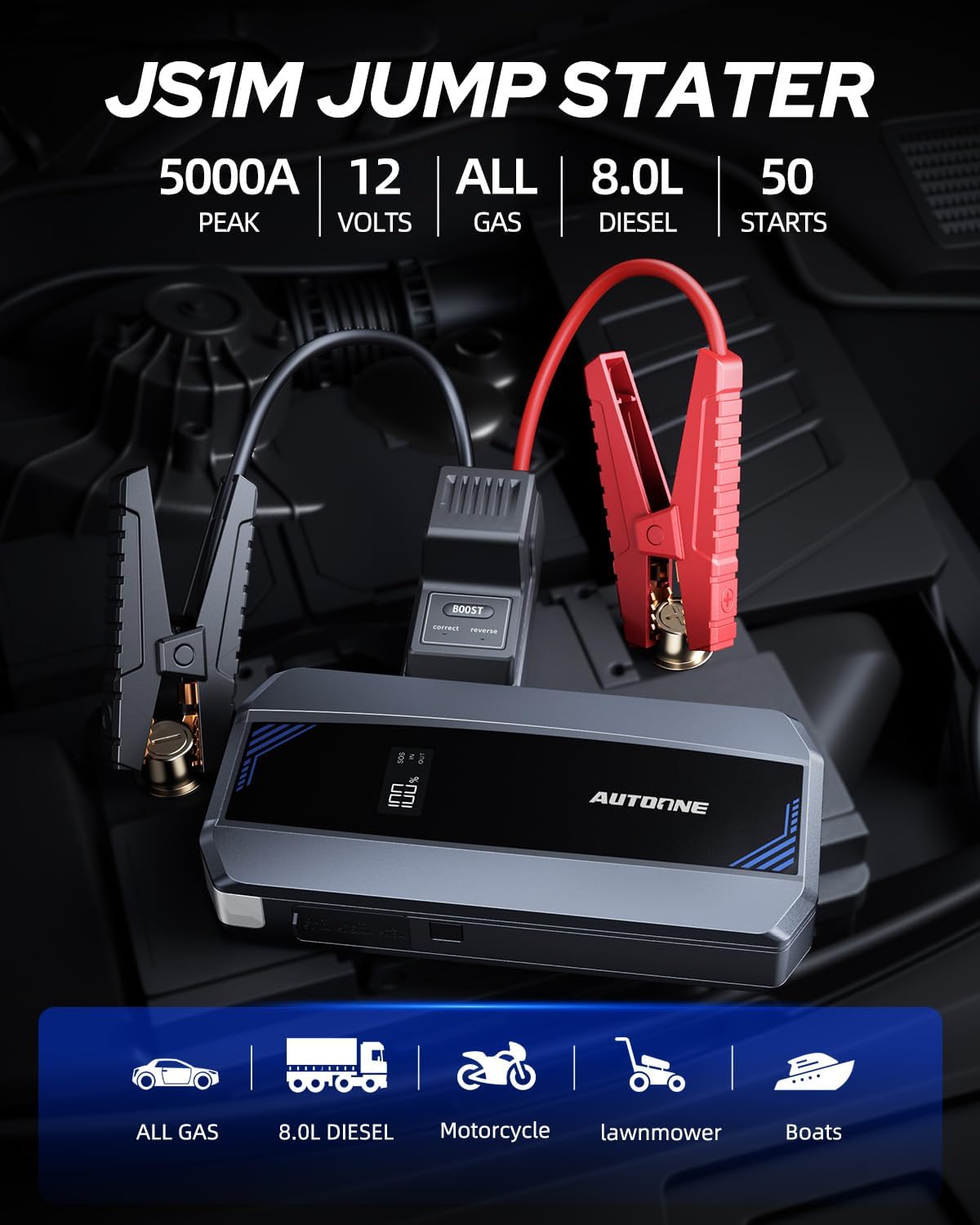 AUTOONE Car Jump Starter 5000A Battery Booster, Portable Battery Pack for All Gas 10L Diesel, 12V Jump Box with Smart Jumper Cable for Car Battery, Vehicle Lithium Starter, LCD Display, w/LED Light