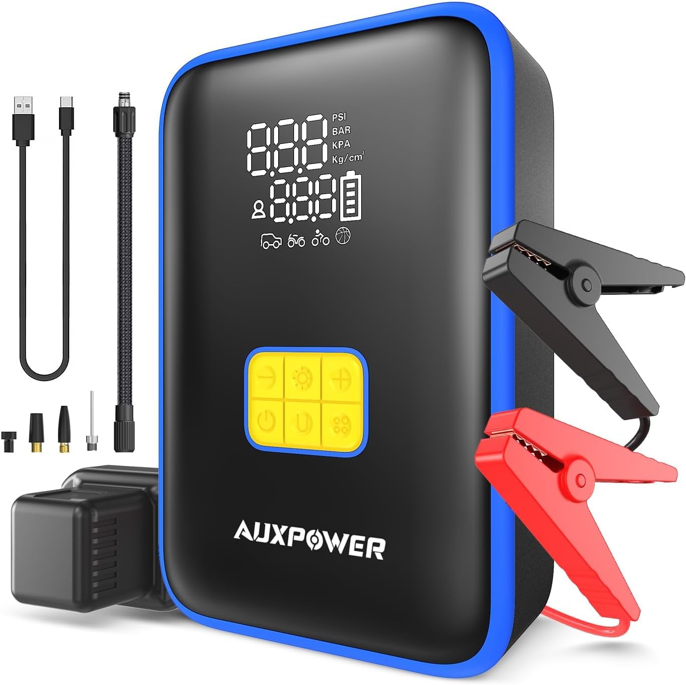 Auxpower Jump Starter with Air Compressor,3000A Portable Car Jumper 160PSI Tire Inflator, 12V Jump Box for 6.5L Gas/3.0L Diesel Engine,Battery Jump Starter with 60W Type-C Quick Charger, 3 Modes light