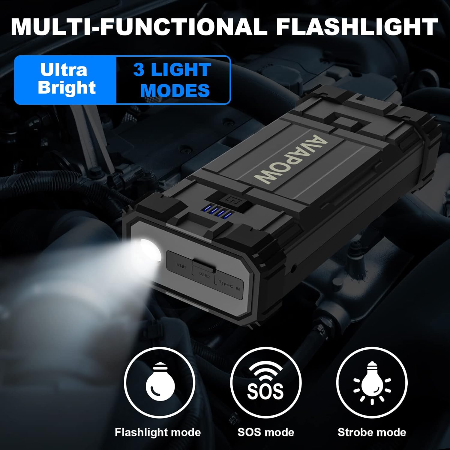 AVAPOW Car Battery Jump Starter 2000A Peak, Jumpstart with Force Start Function, Portable Starters for Up to 8L Gas 6.5L Diesel Engine with Booster Function,12V Lithium Jump Charger Pack Box