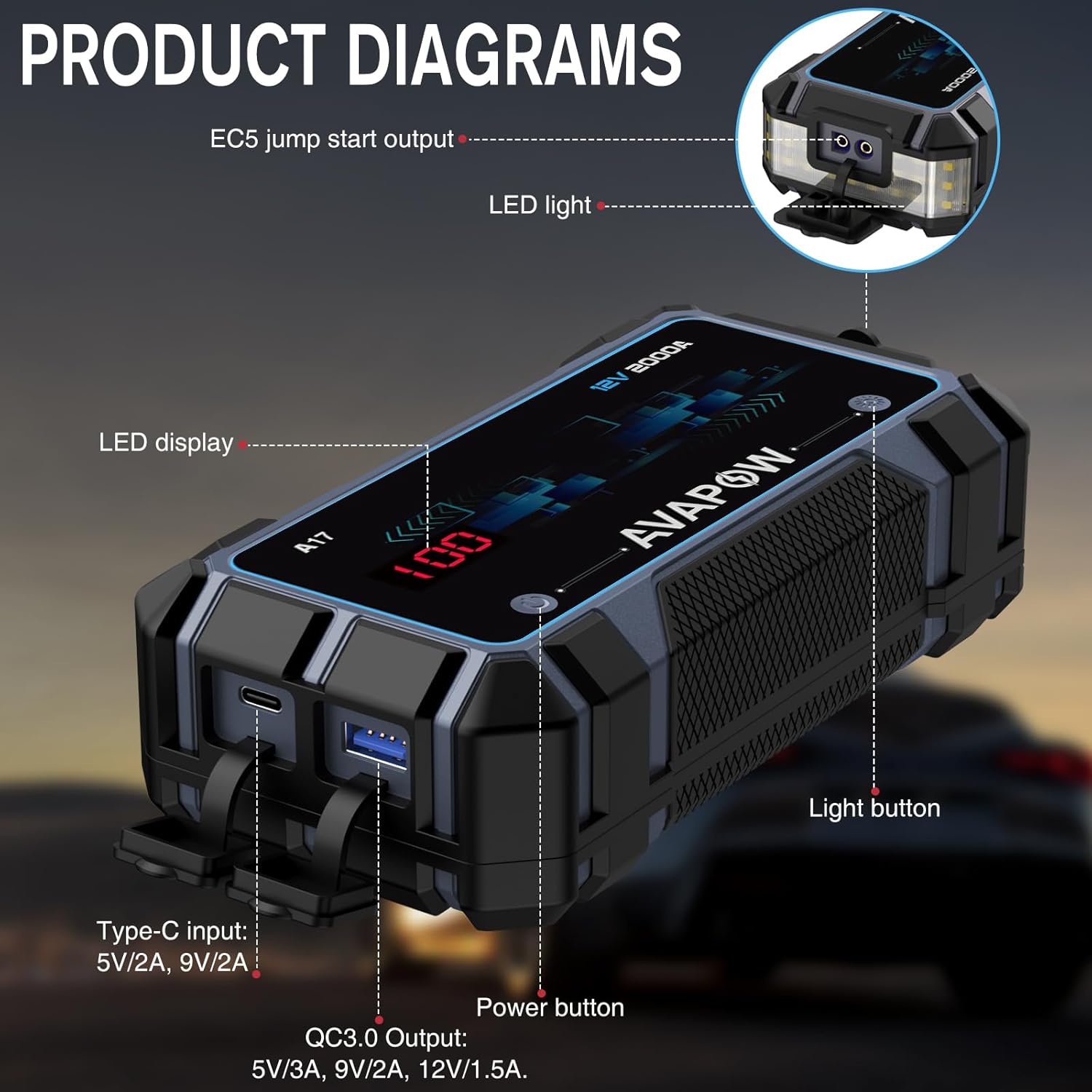 AVAPOW Car Jump Starter Battery Jumper Starter Portable Jump Boxes Car Battery Jump Starter Battery Pack with Jumper Cable 2000A for Vehicles (12V 8L Gas/6.5L Diesel Engine), LED Light/USB QC3.0