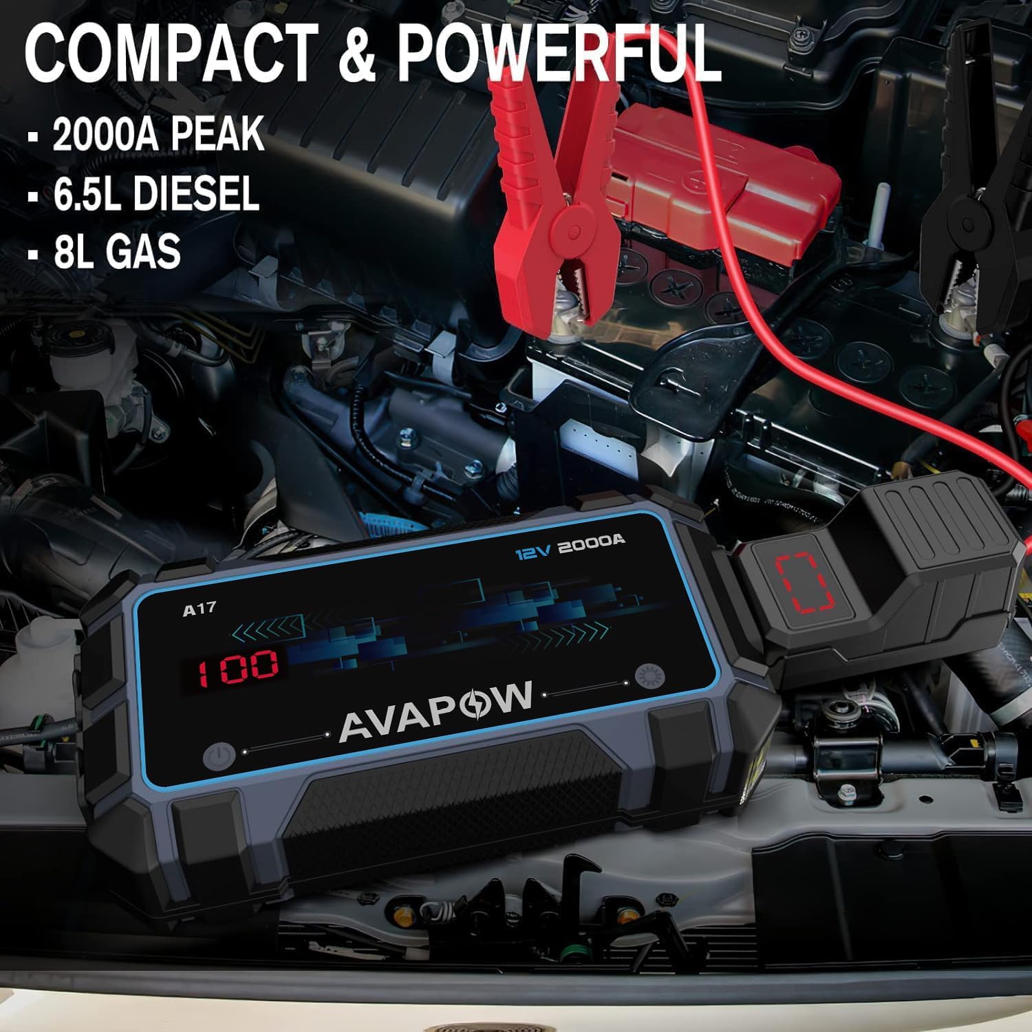 AVAPOW Car Jump Starter Battery Jumper Starter Portable Jump Boxes Car Battery Jump Starter Battery Pack with Jumper Cable 1500A for Vehicles (12V 7L Gas/5.5L Diesel Engine), LED Light/USB QC3.0