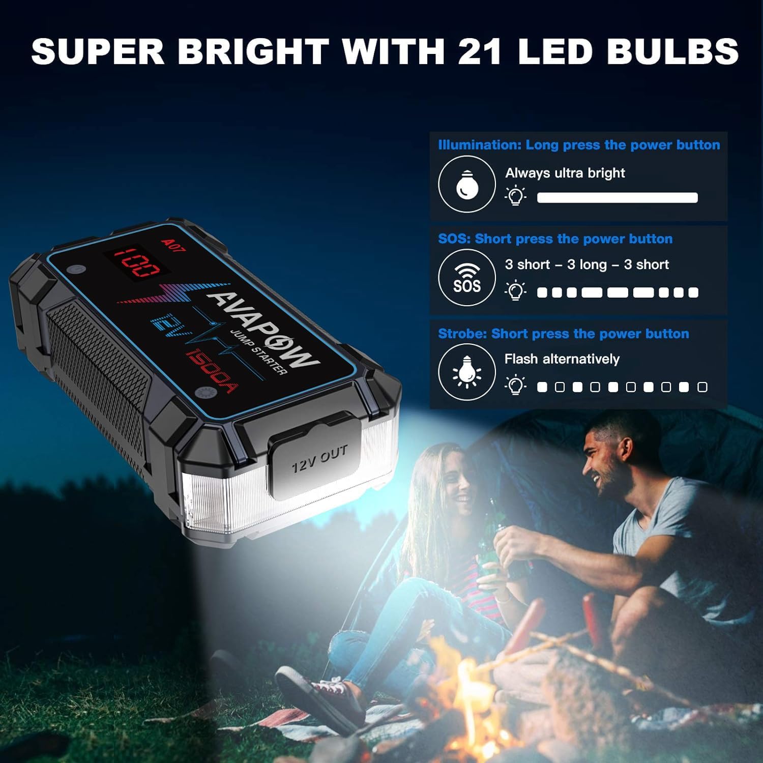AVAPOW Car Jump Starter Battery Jumper Starter Portable Jump Boxes Car Battery Jump Starter Battery Pack with Jumper Cable 1500A for Vehicles (12V 7L Gas/5.5L Diesel Engine), LED Light/USB QC3.0