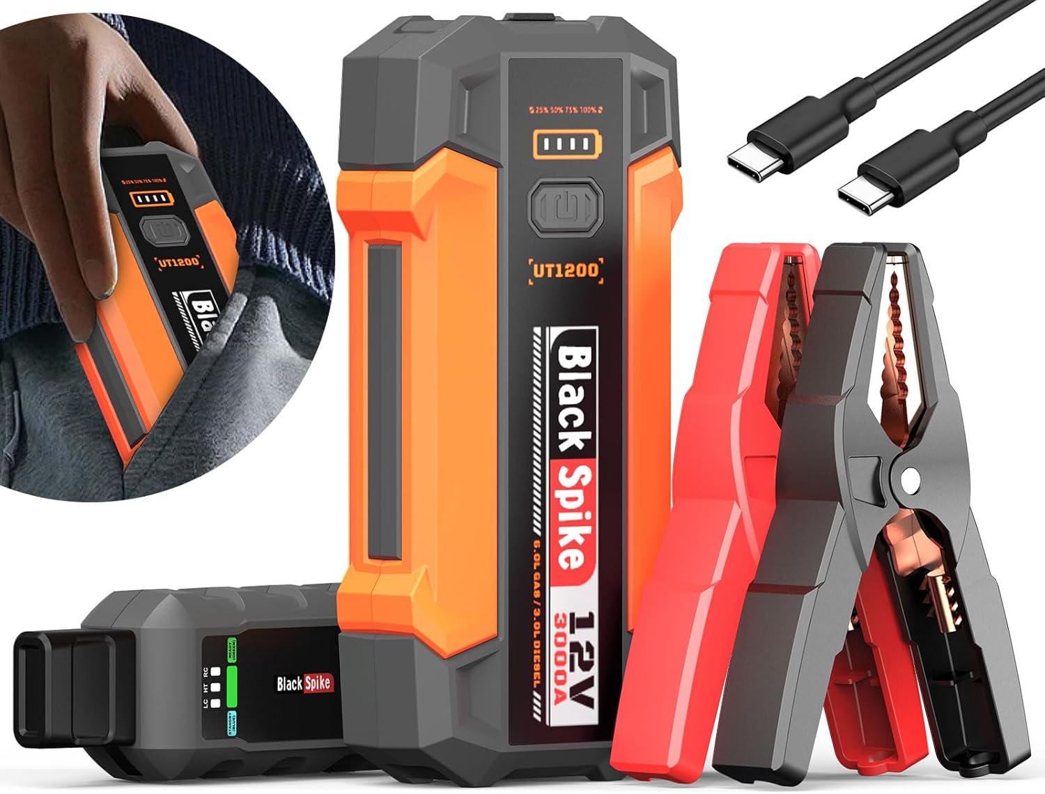 BlackSpike® UT1200 Portable Jump Starter,12,000mAh 12V Power Bank with 3000A Peak Current,Safety Boost for Motorcycles, Cars, Trucks  SUVs (6L Gas  3L Diesel Engines),Fast Charging  3-modle Light