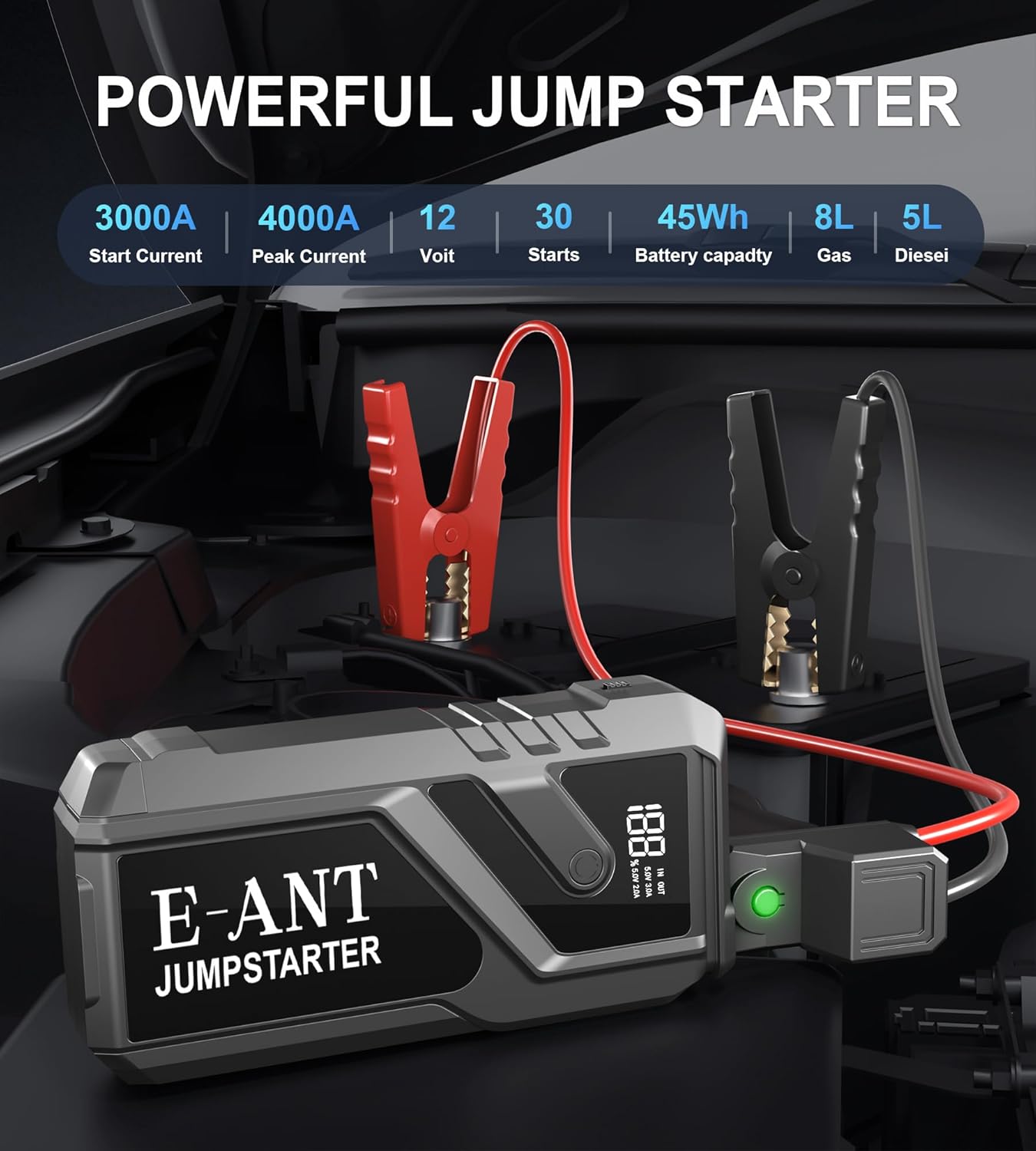 Car Battery Jump Starter, 12V Jump Starter Battery Pack for Up to 8L Gas/5L Diesel, Battery Booster Jump Box, Power Bank USB QC3.0 Outputs Portable Charger, Jumper Cables LED Light